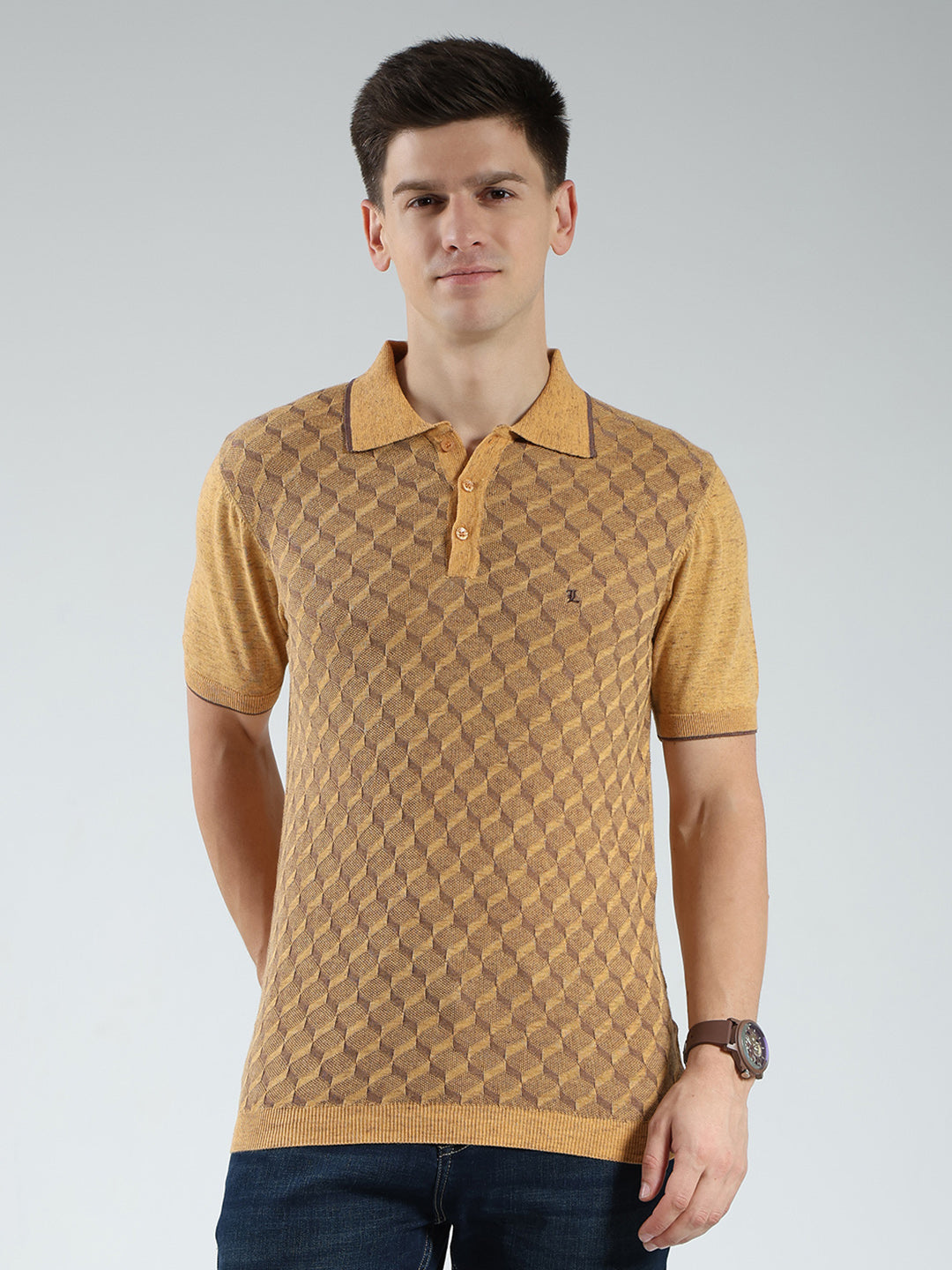 Luxuria Men Mustard Printed Collar Half Sleeve T-Shirt