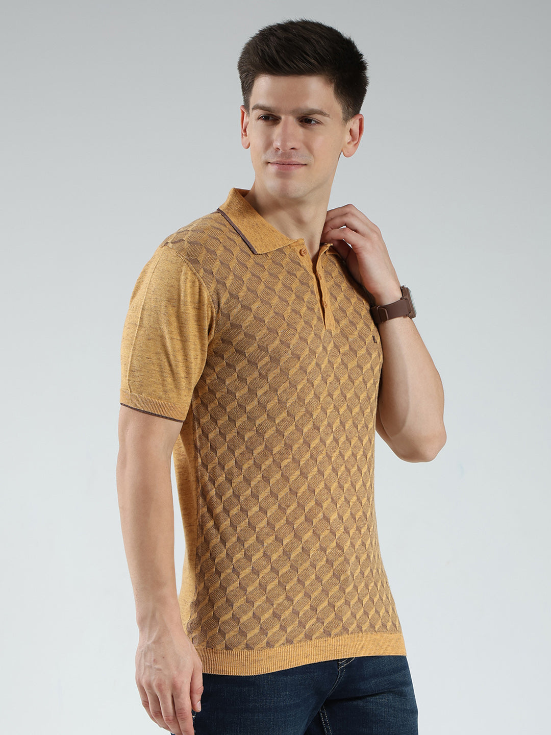 Luxuria Men Mustard Printed Collar Half Sleeve T-Shirt