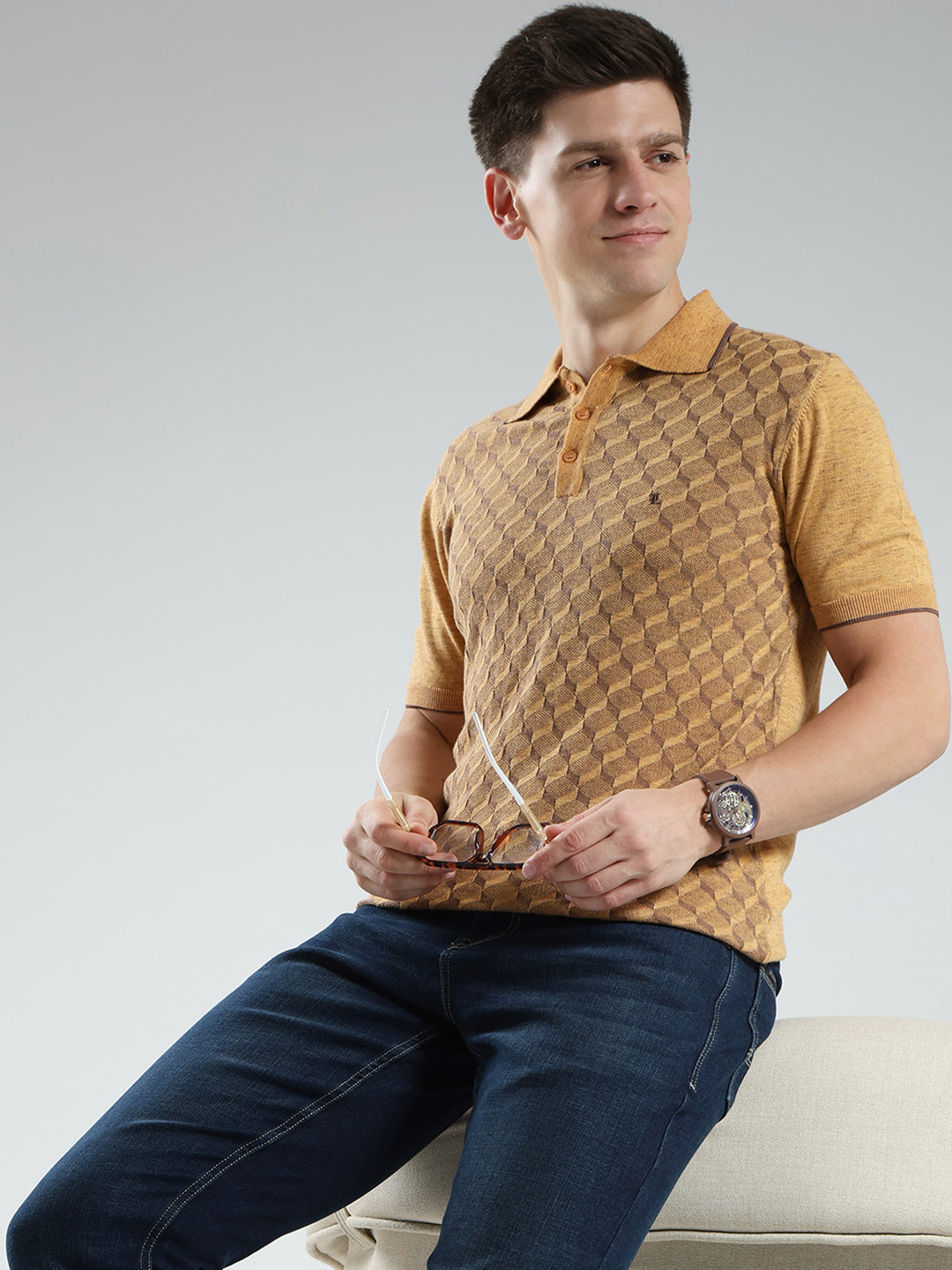 Luxuria Men Mustard Printed Collar Half Sleeve T-Shirt