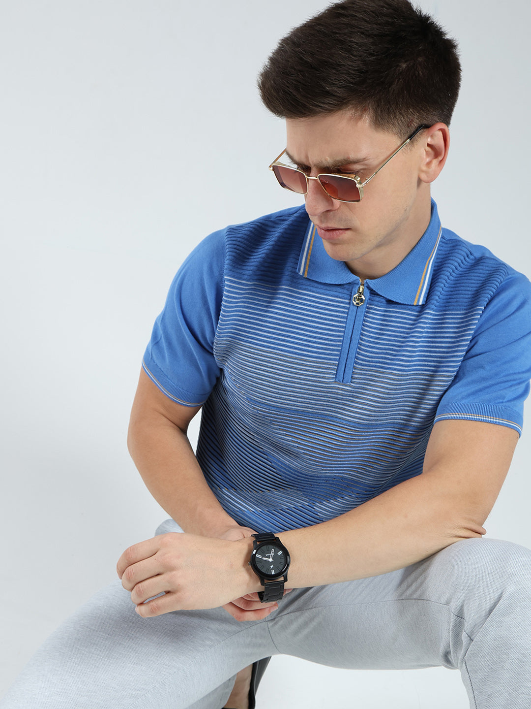 Luxuria Men Blue Stripe Collar Half Sleeve T-Shirt