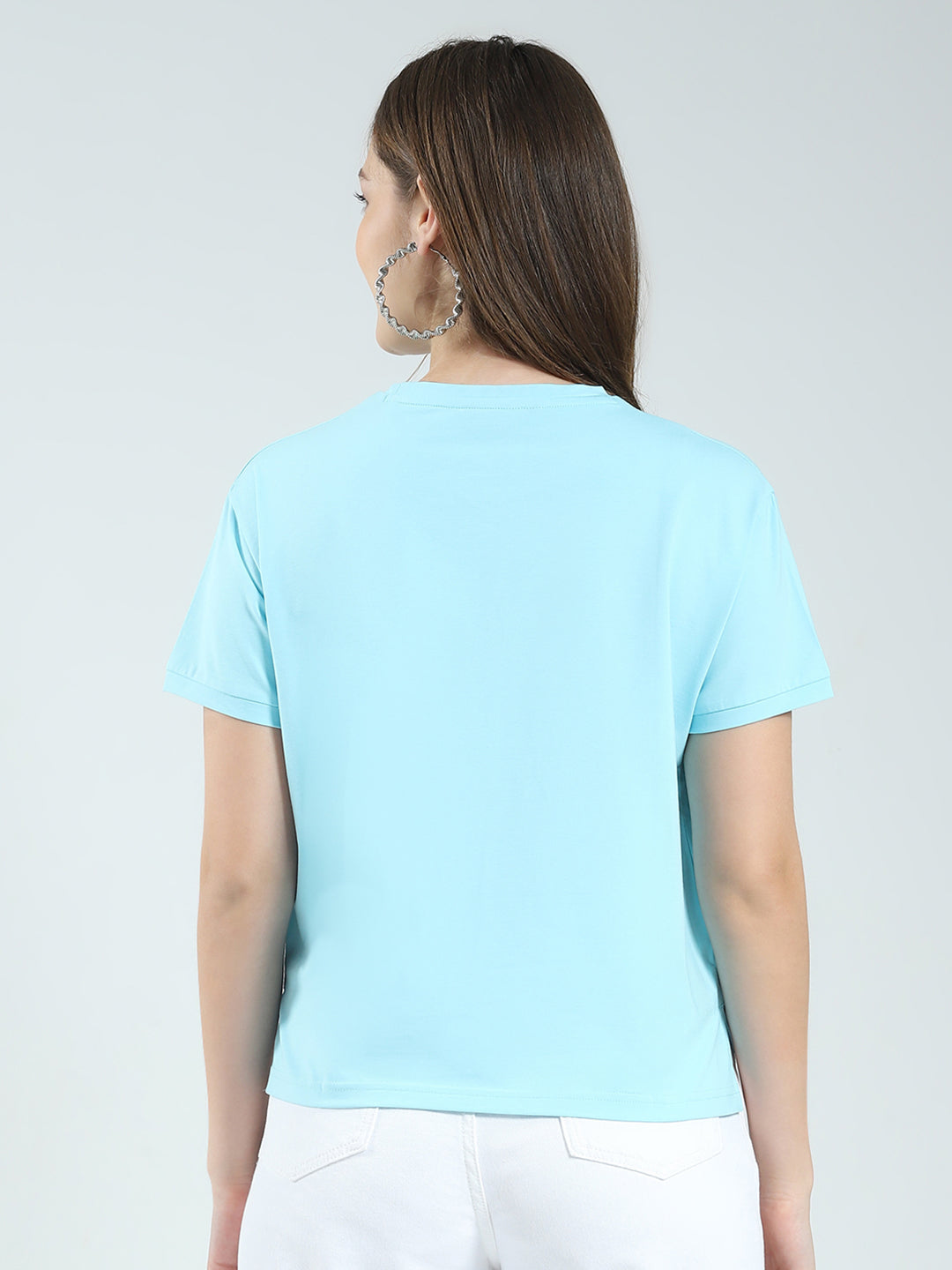 Women Blue Printed Round Neck Half Sleeve Top