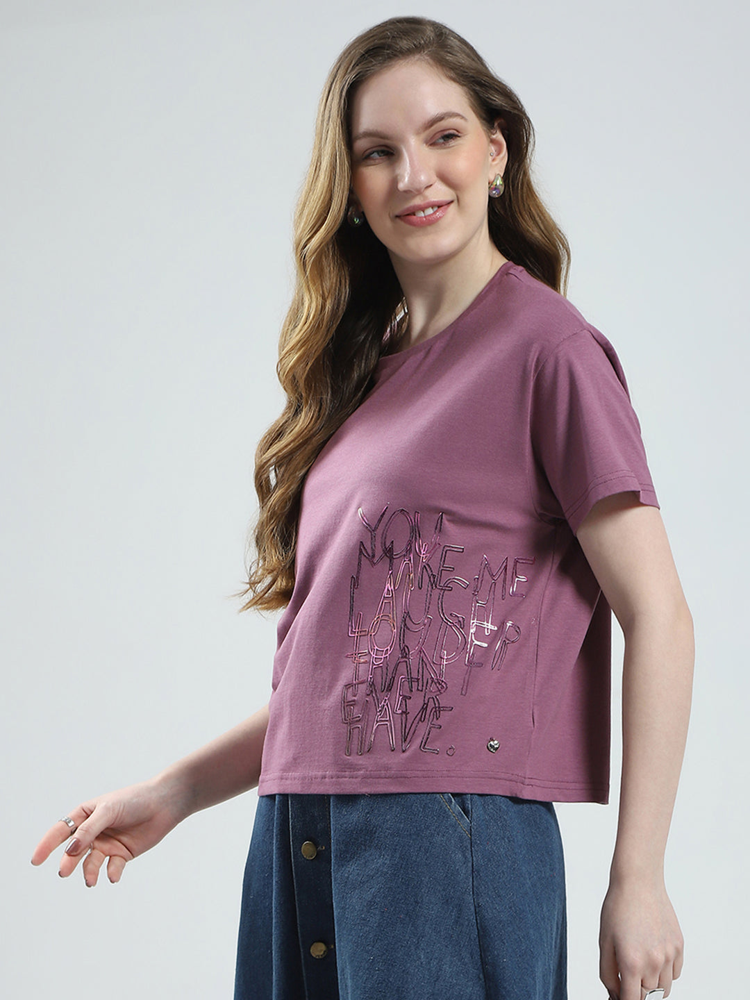 Women Mauve Solid Round Neck Half Sleeve Top