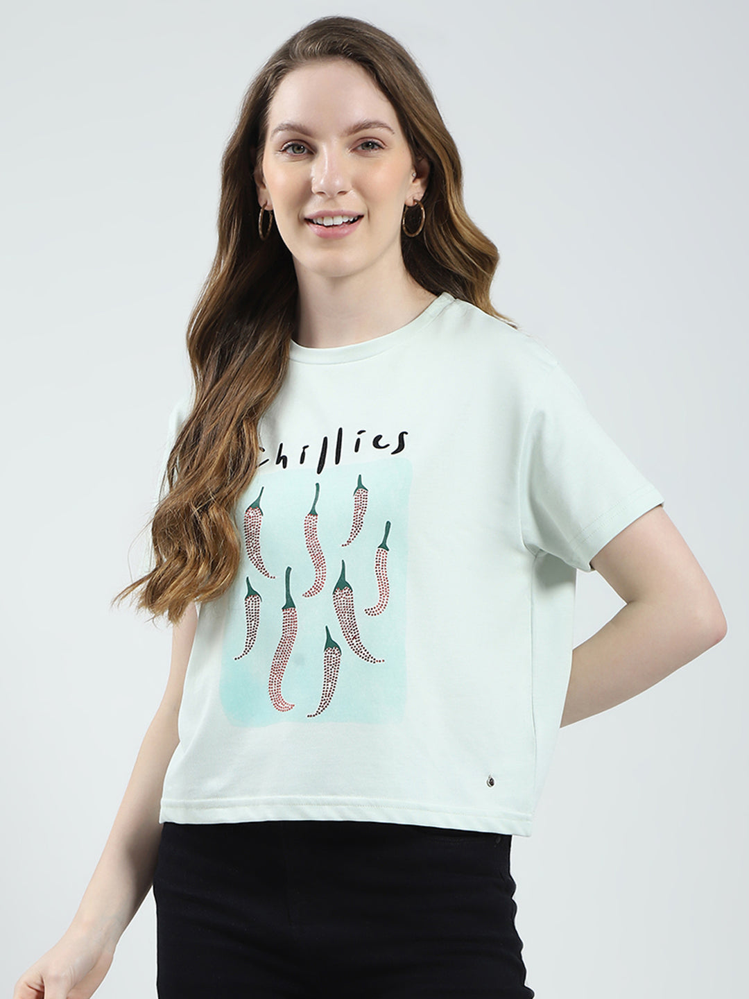 Women Green Printed Round Neck Half Sleeve Top