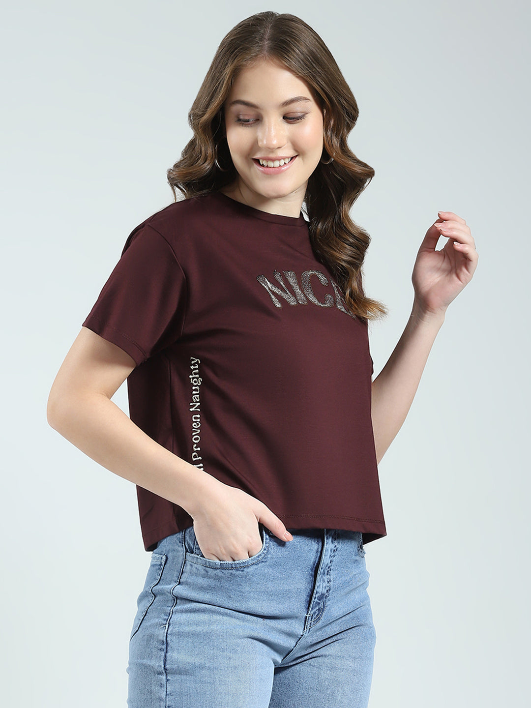 Women Burgundy Embroidered Round Neck Half Sleeve Top