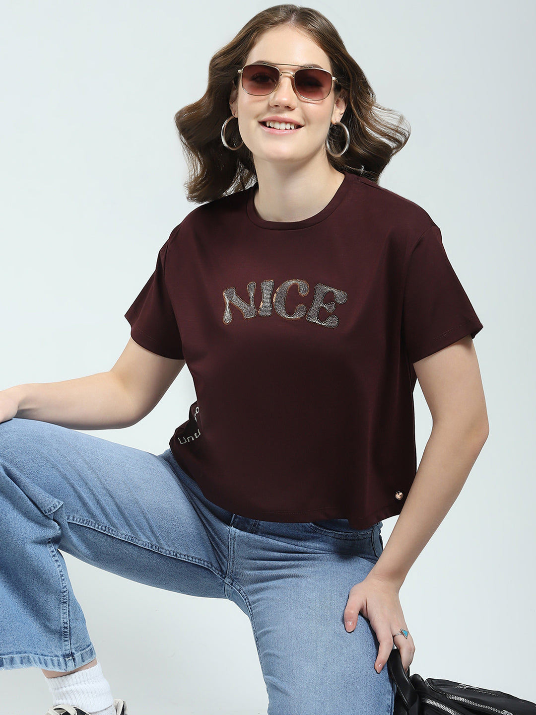 Women Burgundy Embroidered Round Neck Half Sleeve Top