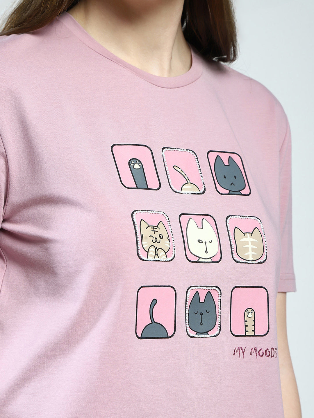 Women Pink Printed Round Neck Half Sleeve Top