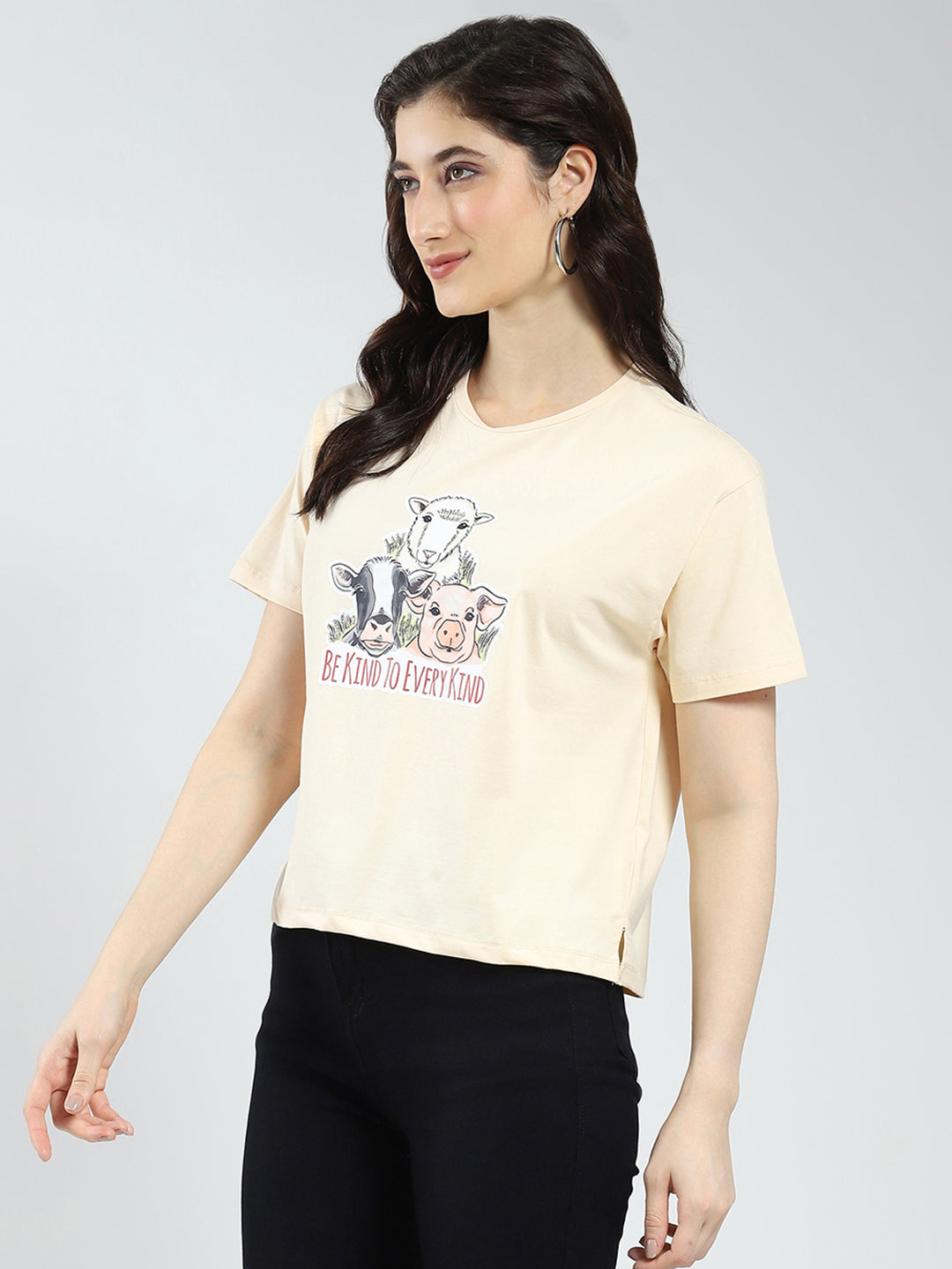 Women Beige Printed Round Neck Half Sleeve Top