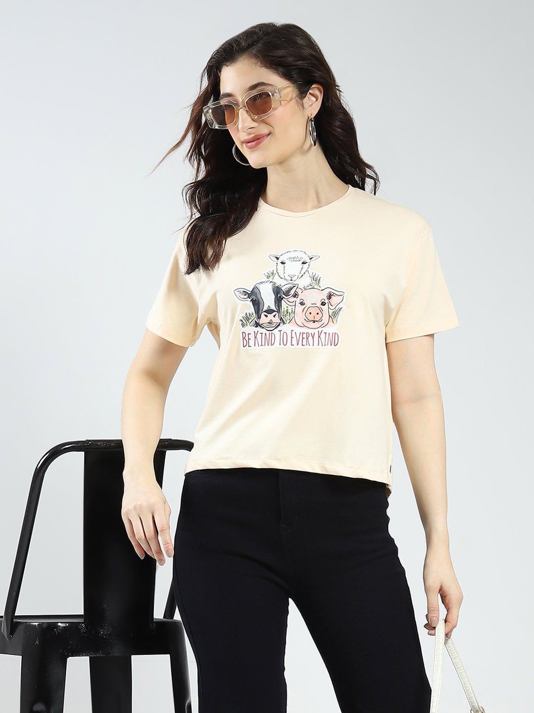 Women Beige Printed Round Neck Half Sleeve Top