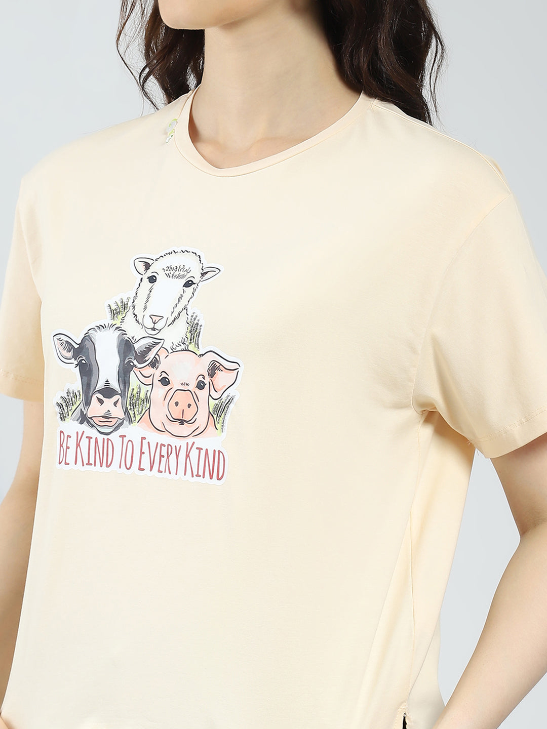 Women Beige Printed Round Neck Half Sleeve Top