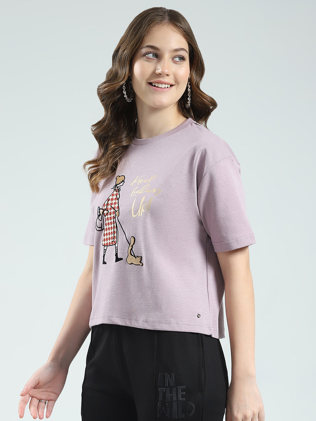 Women Purple Printed Round Neck Half Sleeve Top