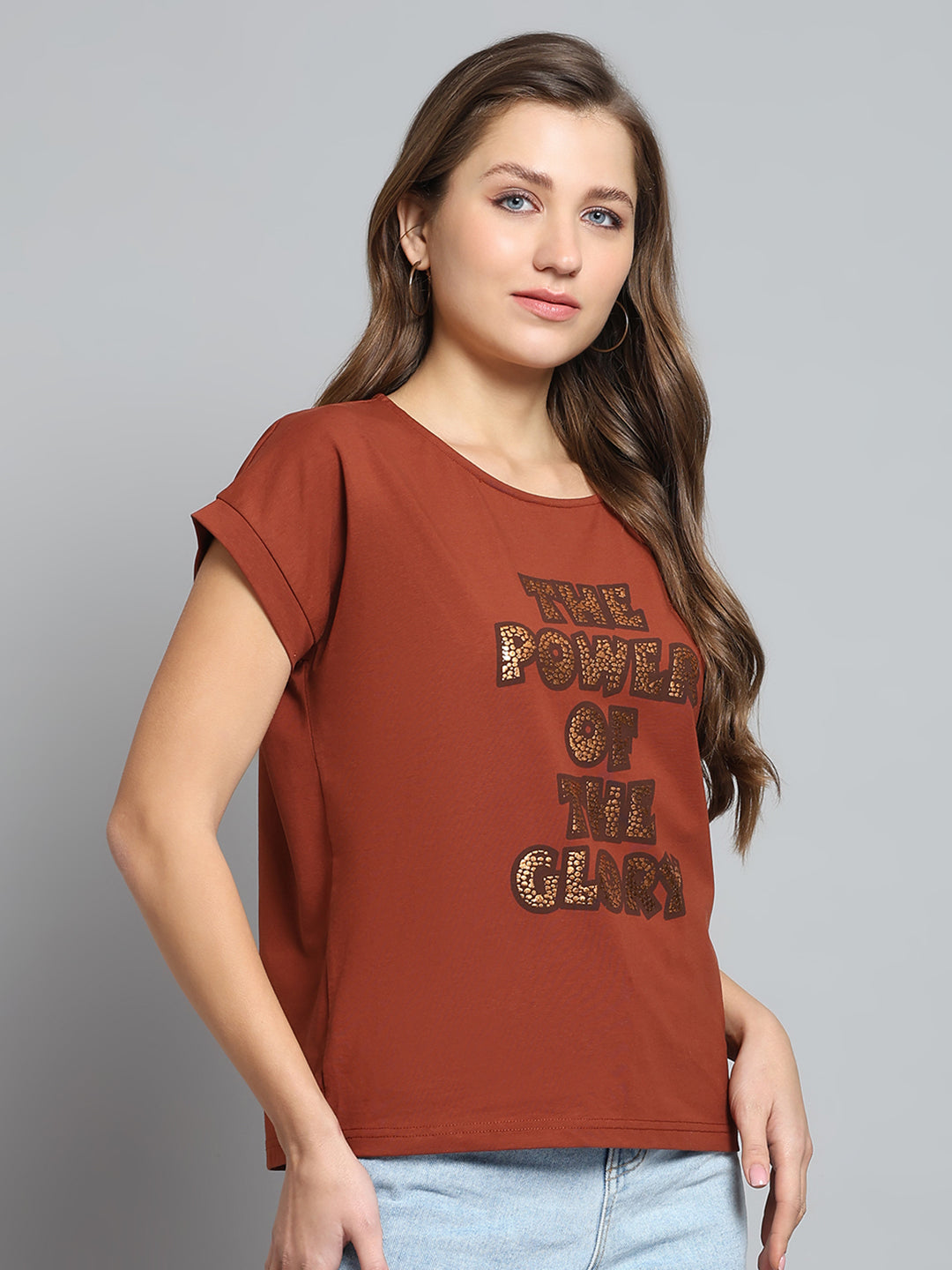 Women Brown Printed Round Neck Half Sleeve Top