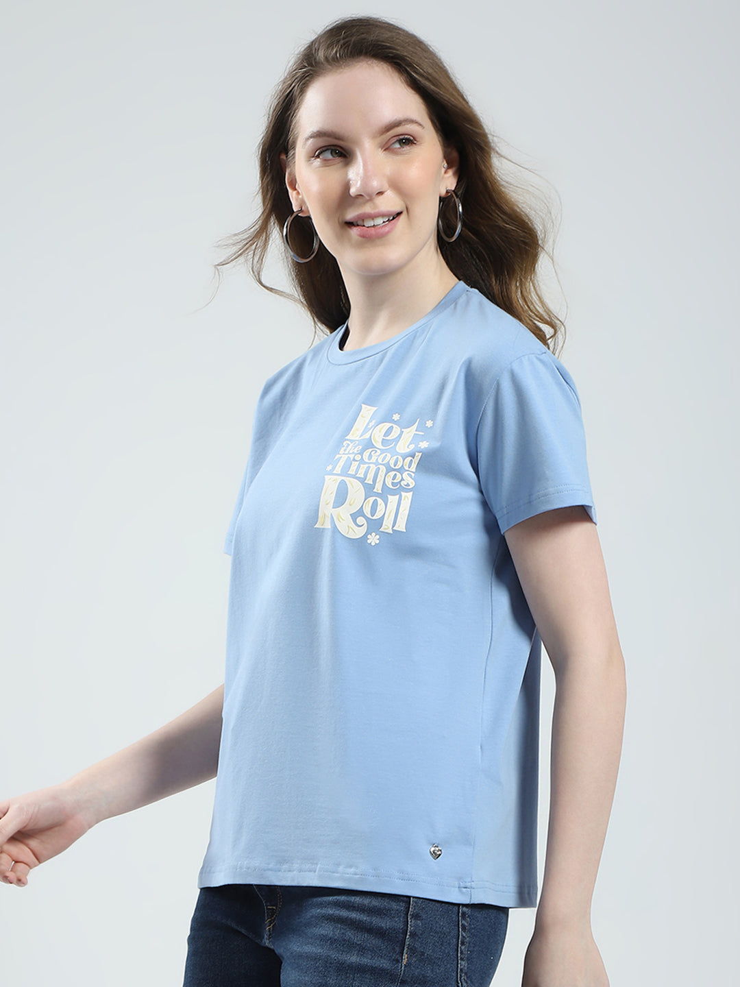 Women Blue Printed Round Neck Half Sleeve Top