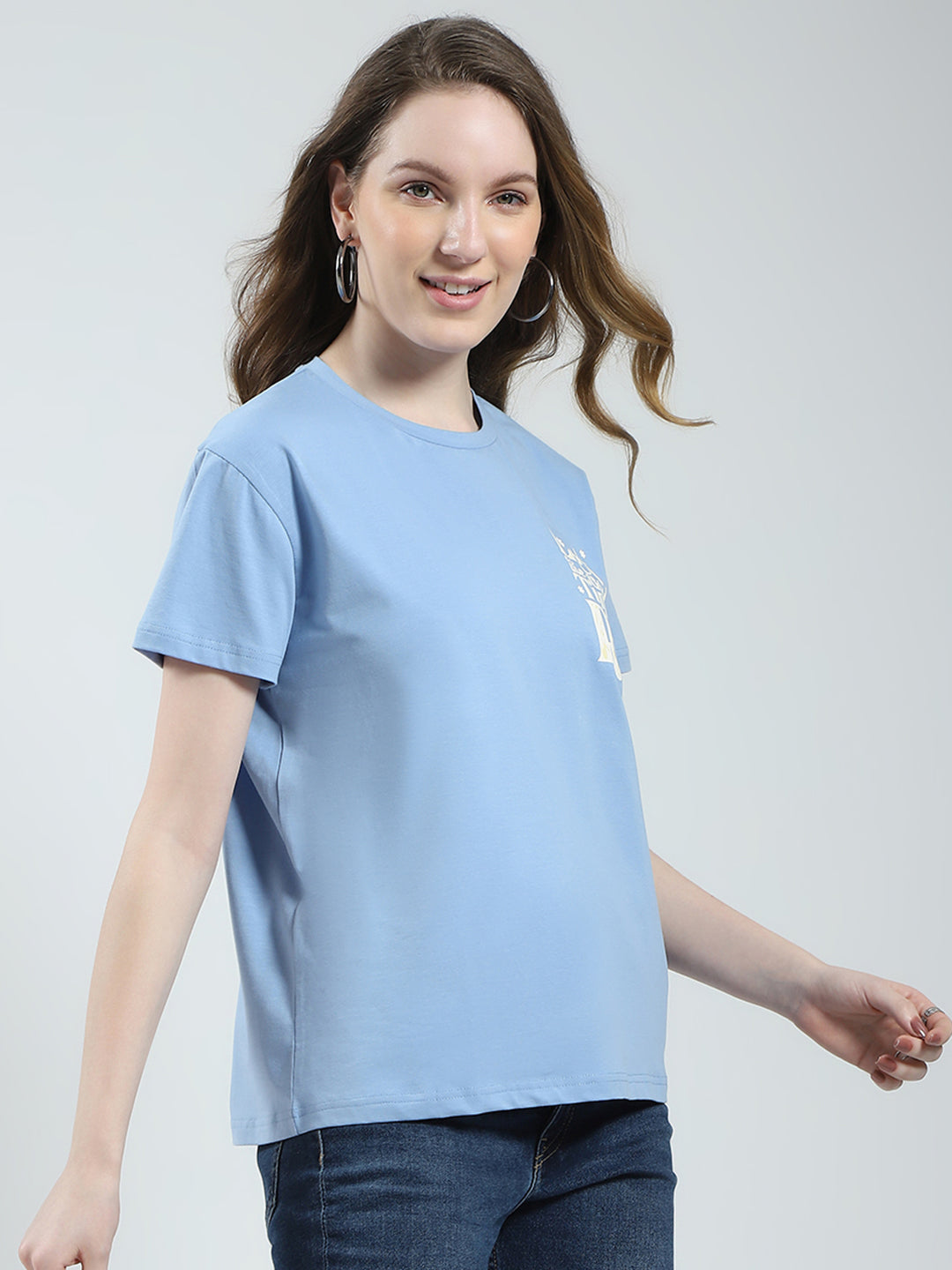 Women Blue Printed Round Neck Half Sleeve Top