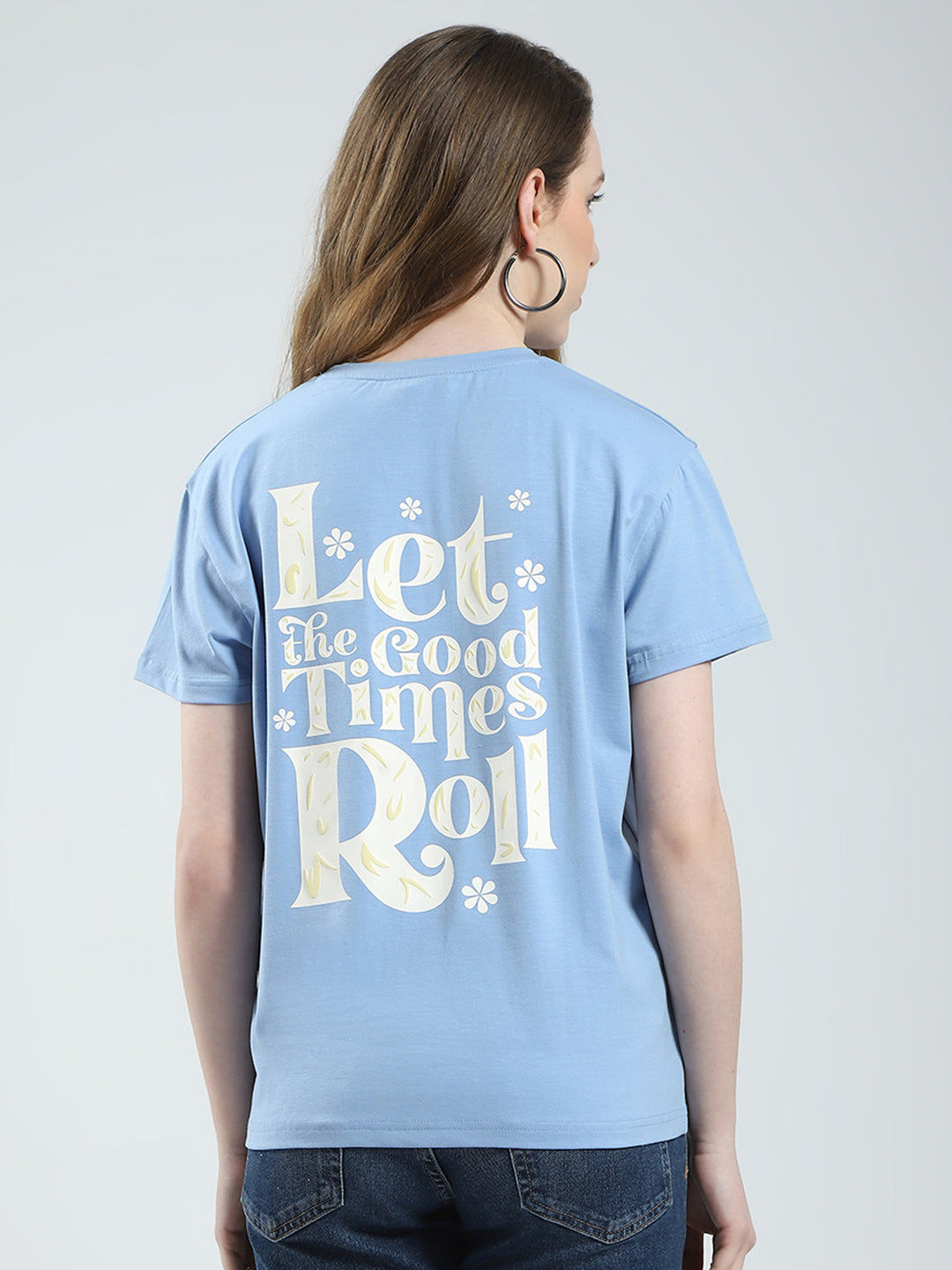 Women Blue Printed Round Neck Half Sleeve Top