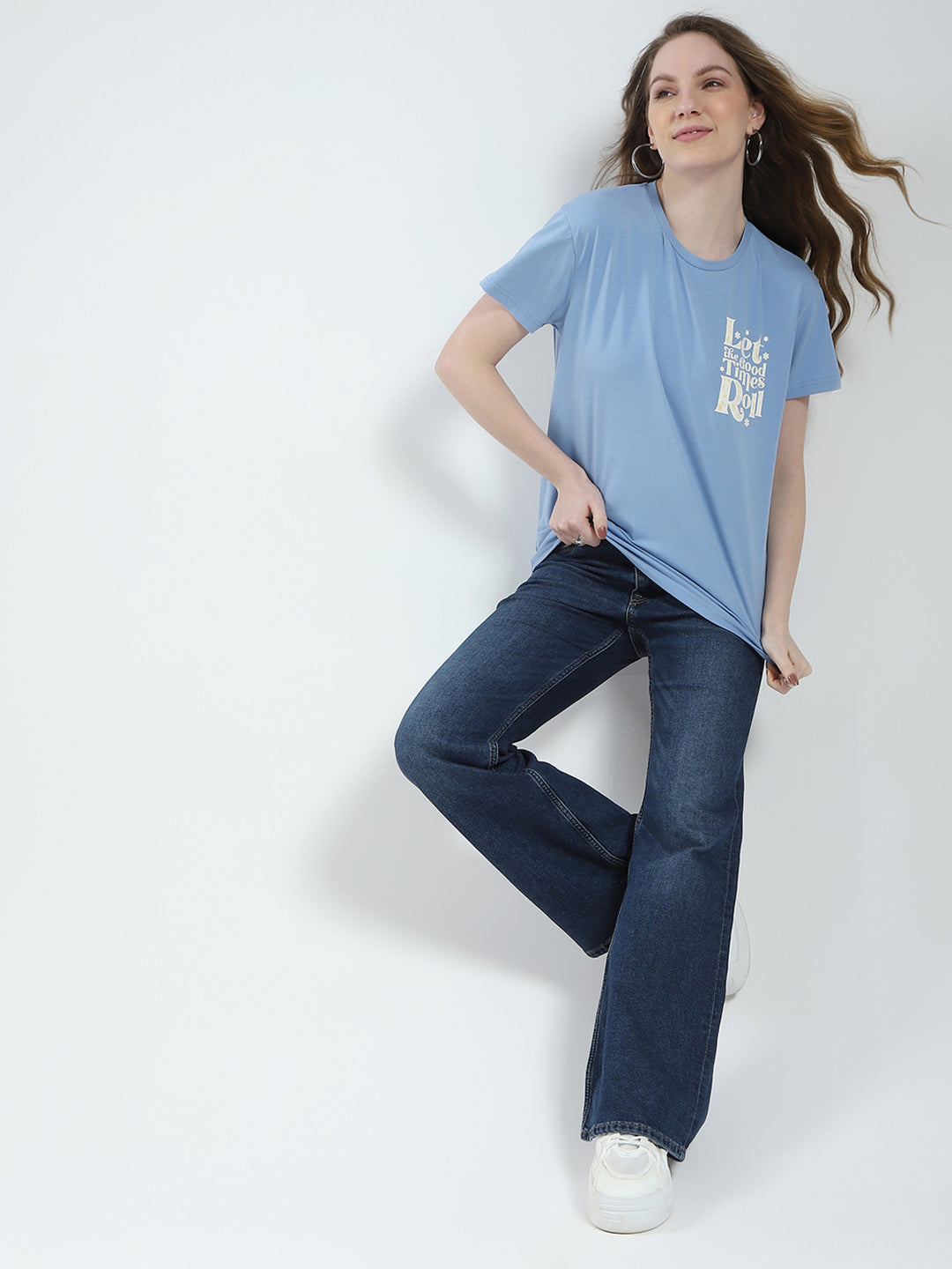 Women Blue Printed Round Neck Half Sleeve Top