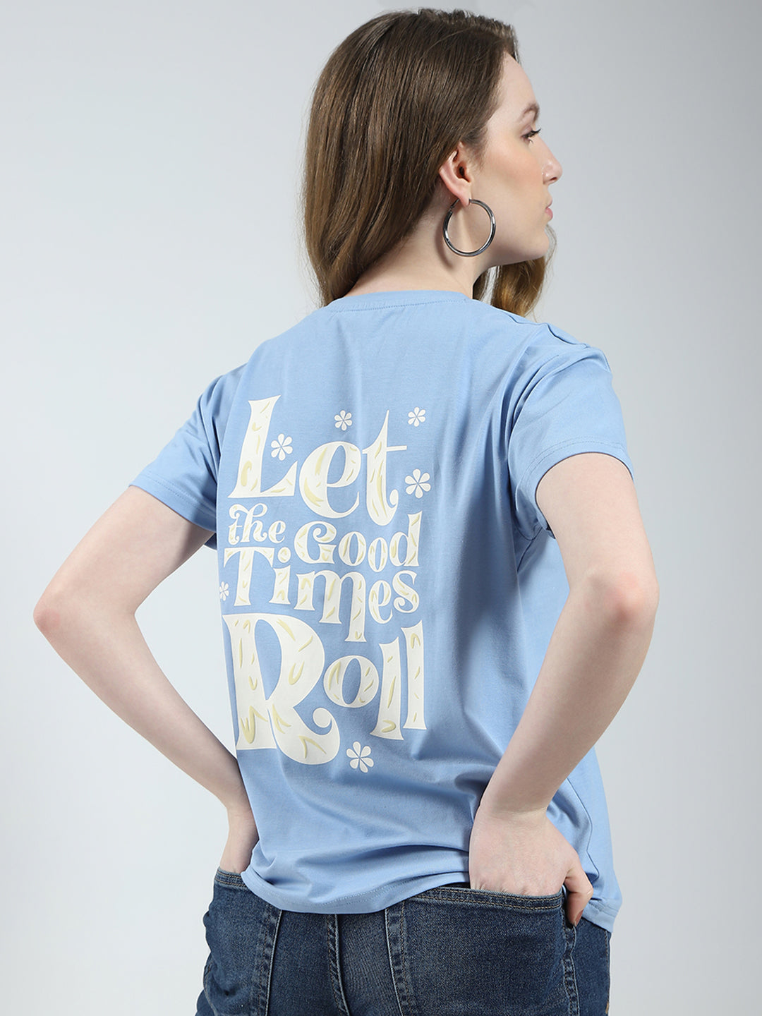 Women Blue Printed Round Neck Half Sleeve Top