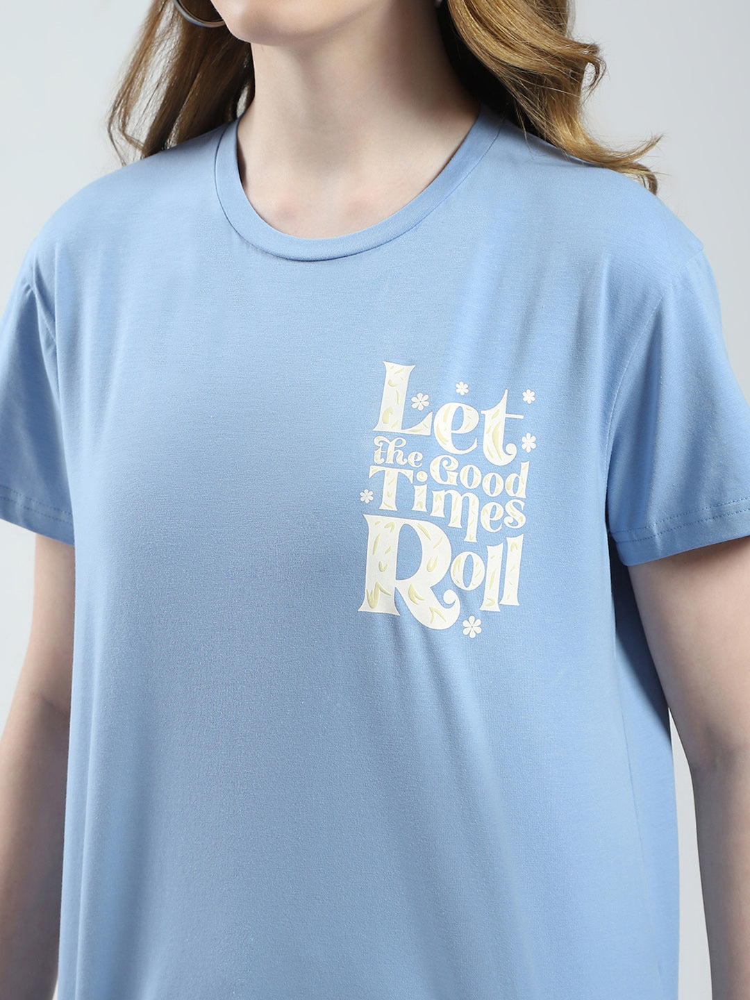 Women Blue Printed Round Neck Half Sleeve Top