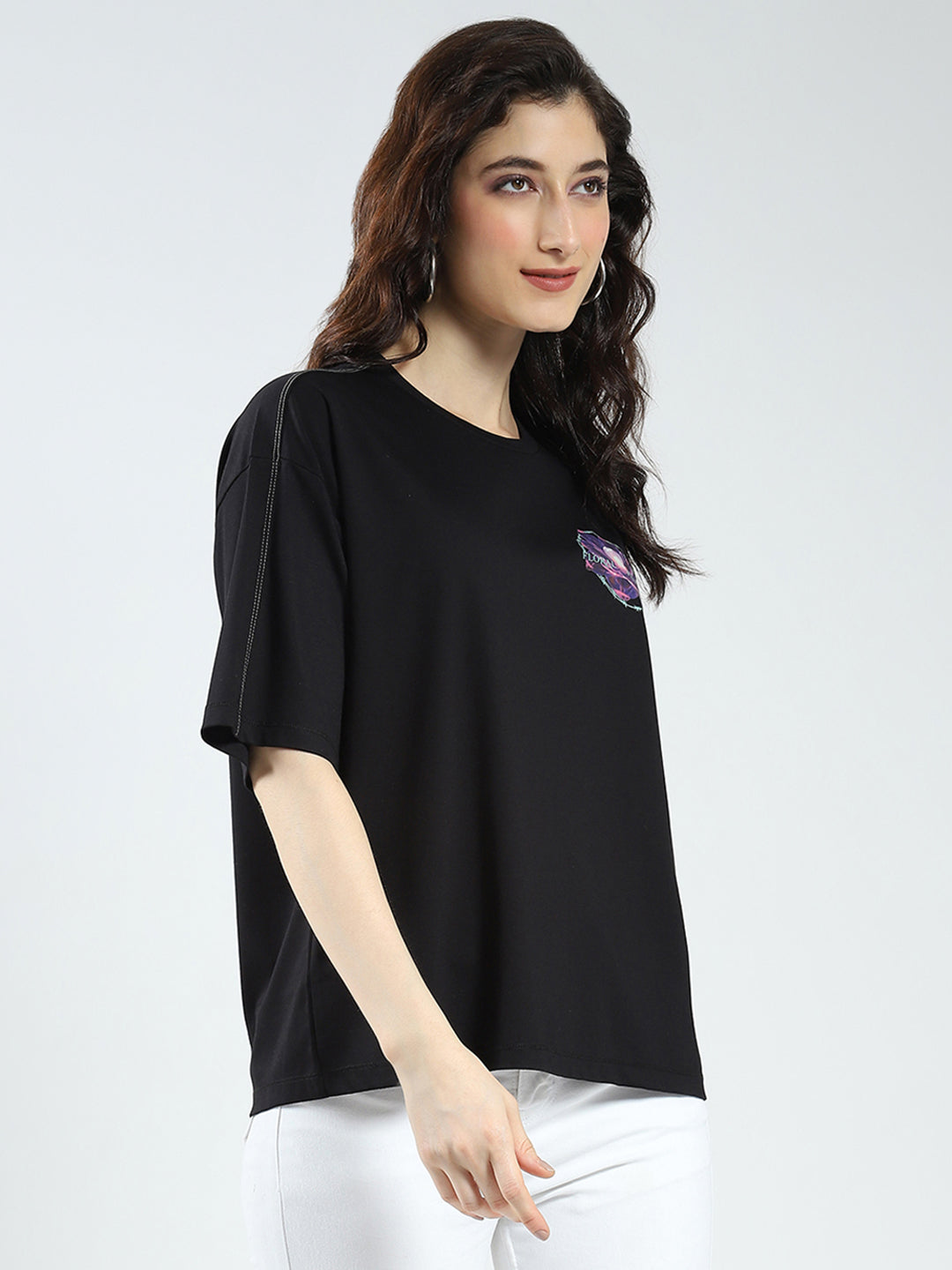 Women Black Printed Round Neck Half Sleeve Top