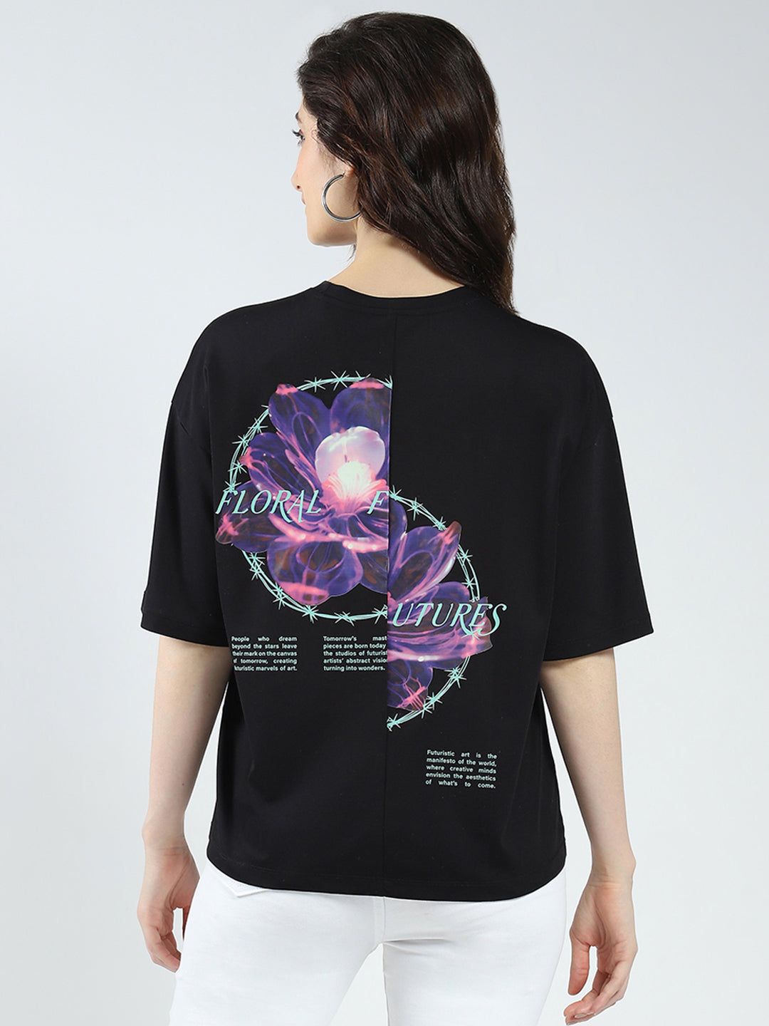 Women Black Printed Round Neck Half Sleeve Top