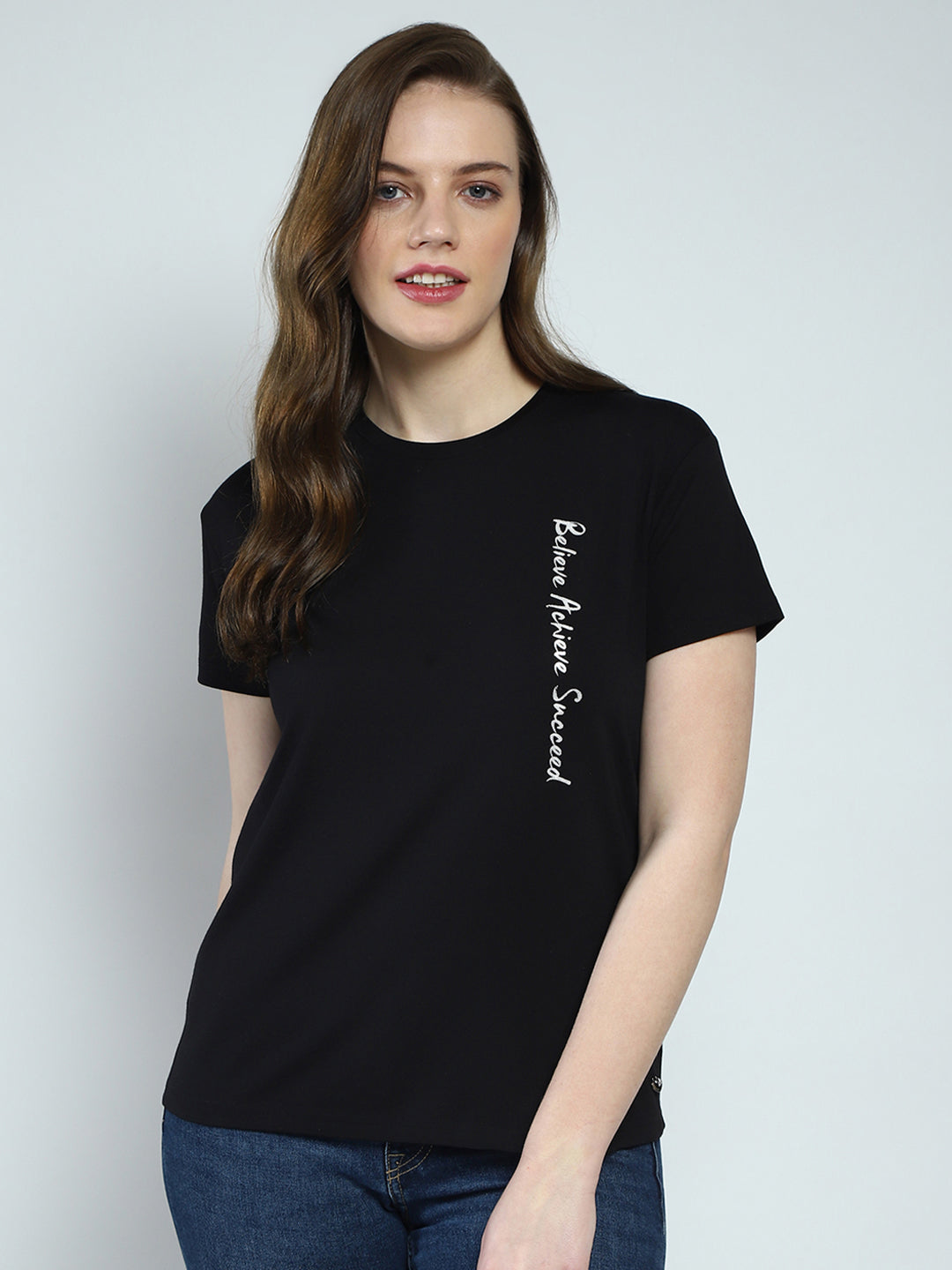 Women Black Printed Round Neck Half Sleeve Top