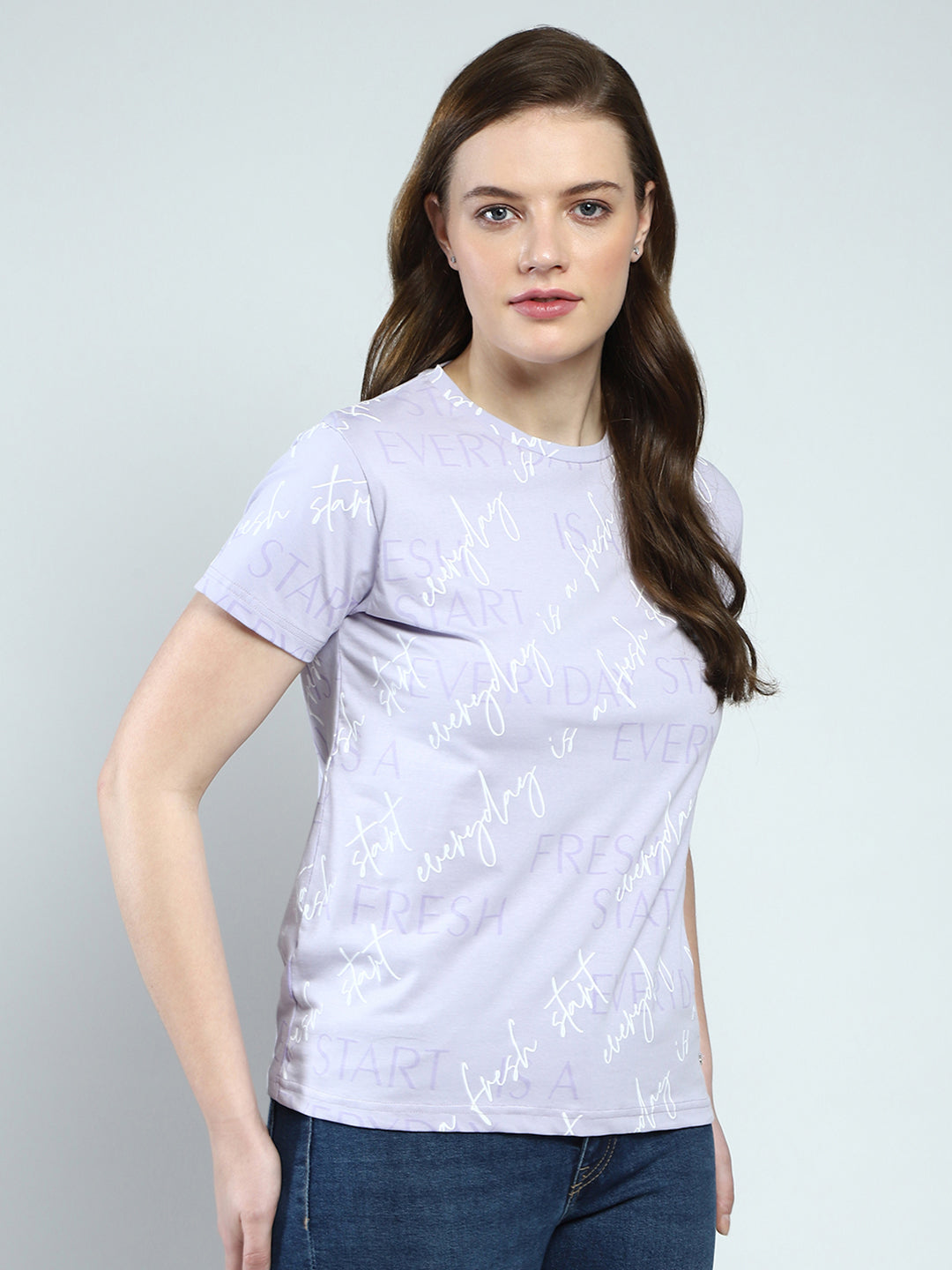 Women Purple Printed Round Neck Half Sleeve Top