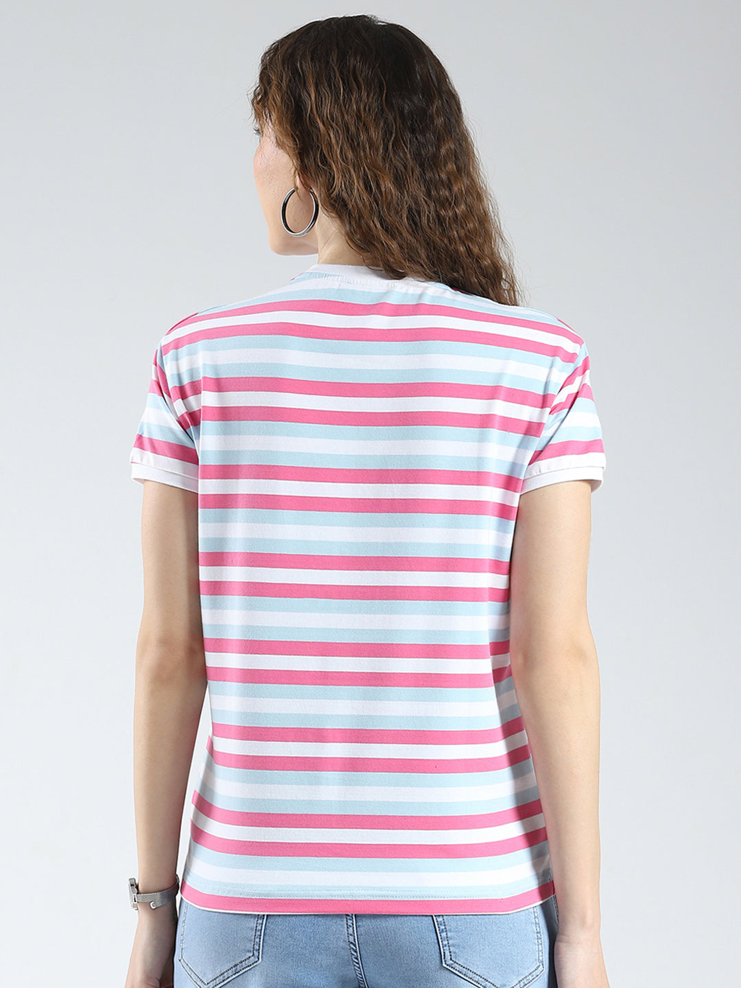 Women Pink Stripe Round Neck Half Sleeve Top