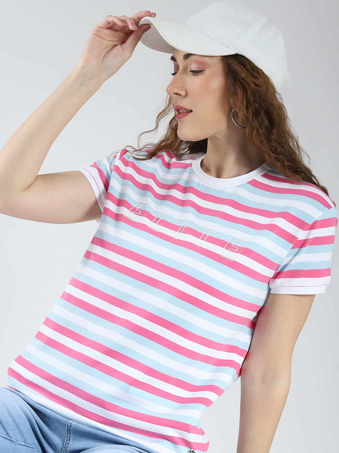 Women Pink Stripe Round Neck Half Sleeve Top