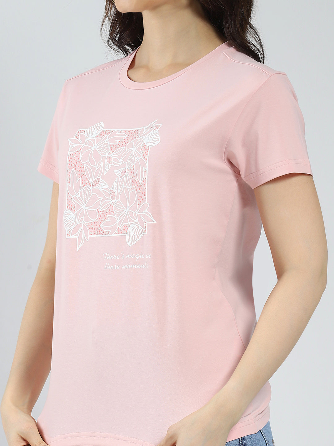 Women Pink Printed Round Neck Half Sleeve Top