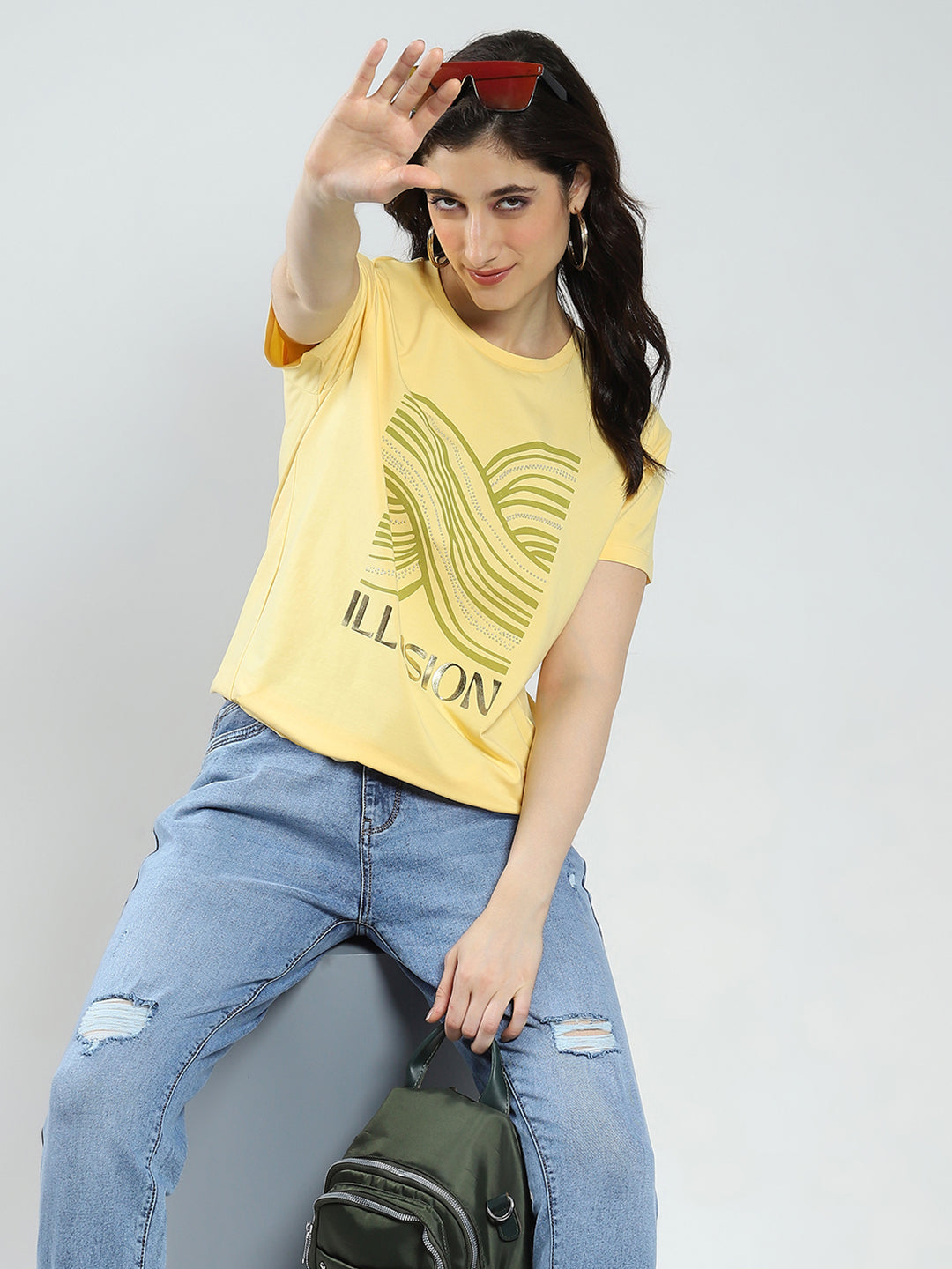 Women Yellow Printed Round Neck Half Sleeve Top