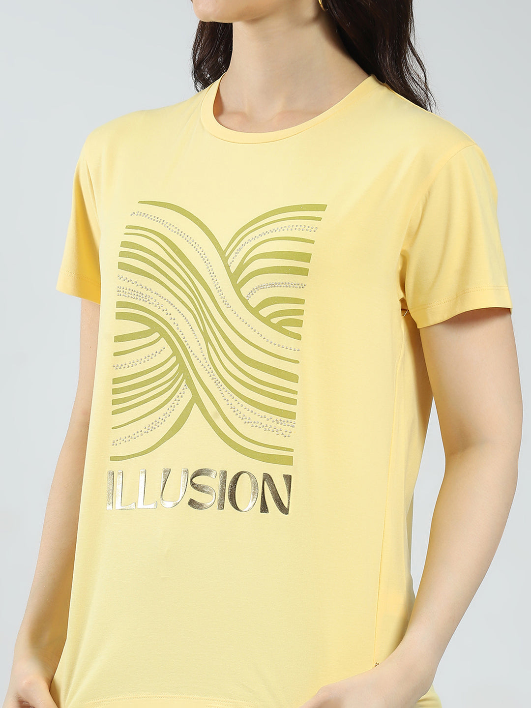 Women Yellow Printed Round Neck Half Sleeve Top