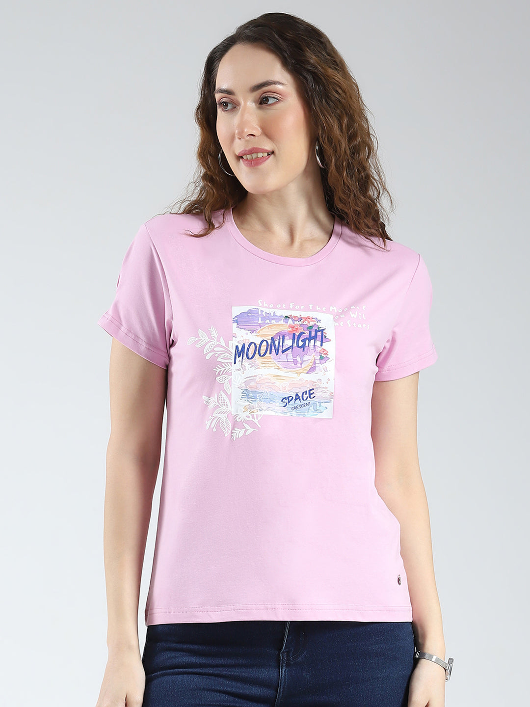 Women Purple Printed Round Neck Half Sleeve Top