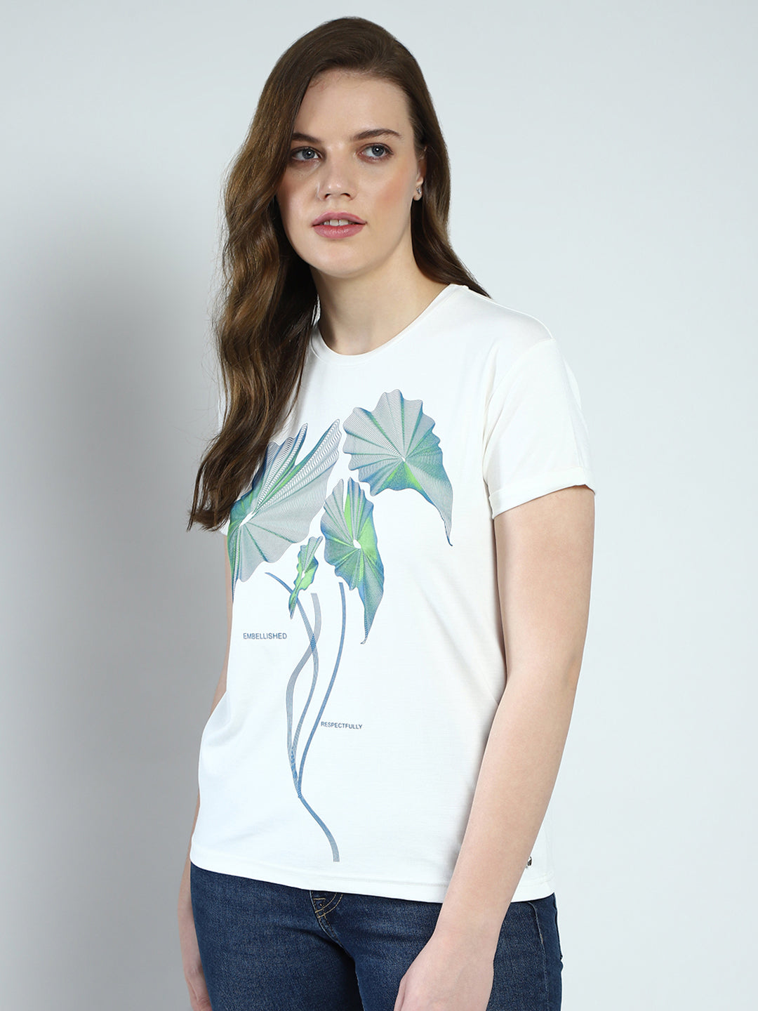 Women White Printed Round Neck Half Sleeve Top
