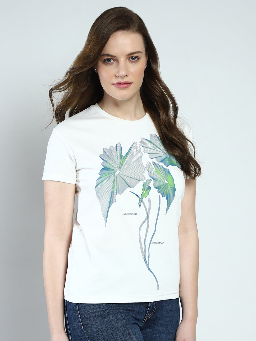 Women White Printed Round Neck Half Sleeve Top