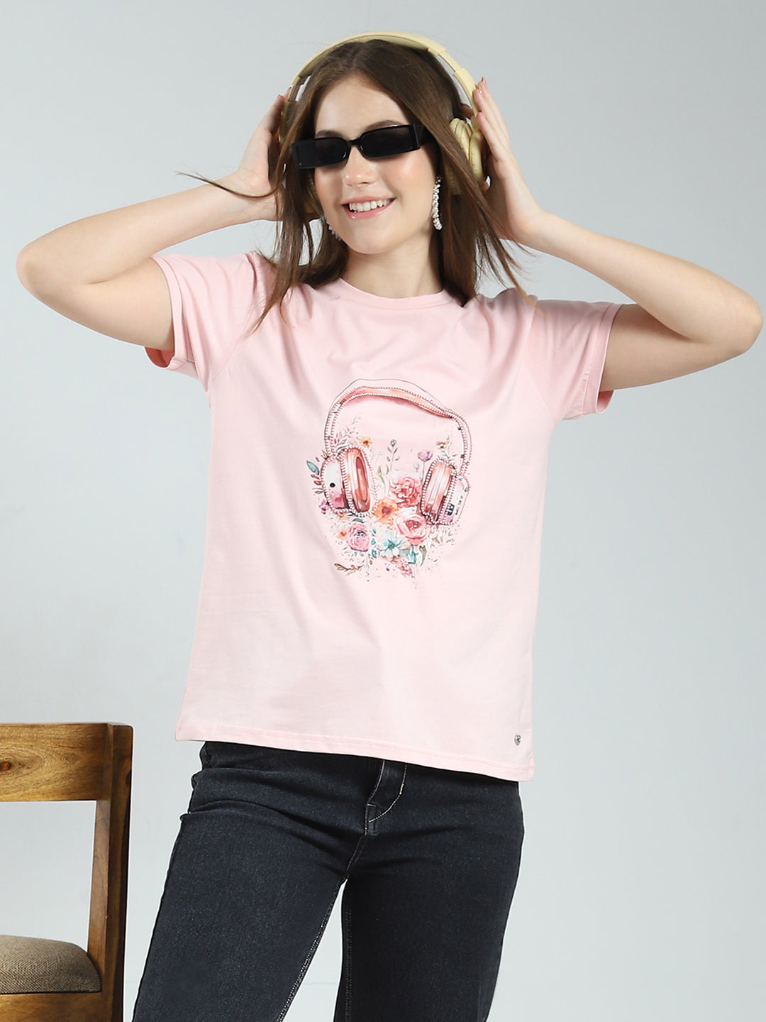 Women Pink Printed Round Neck Half Sleeve Top