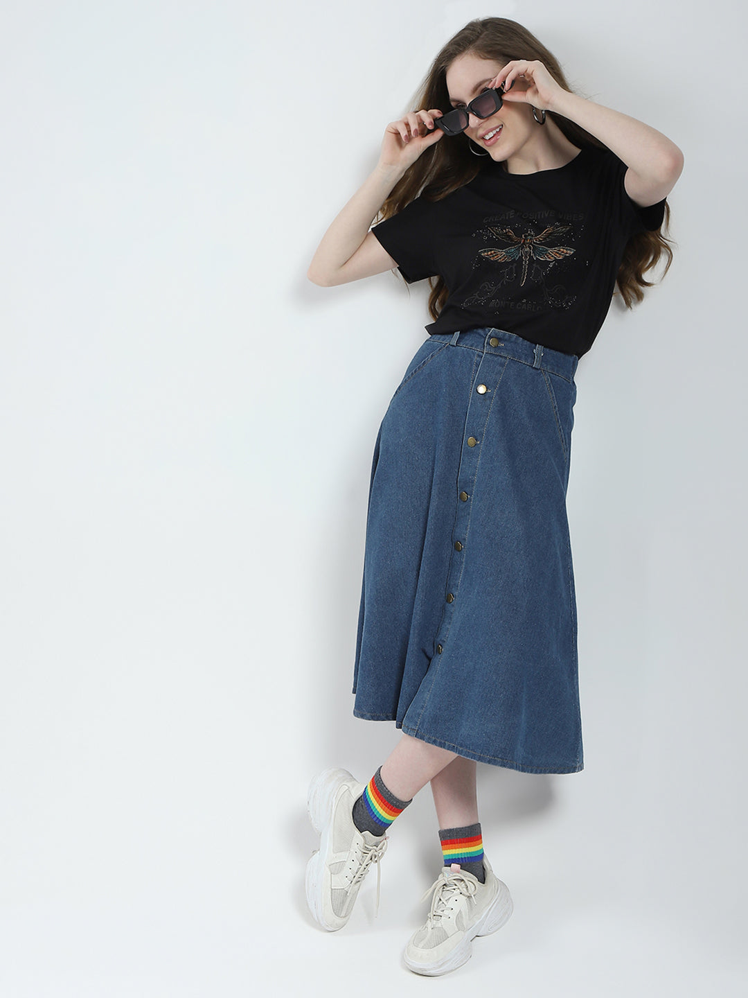 Women Black Printed Round Neck Half Sleeve Top