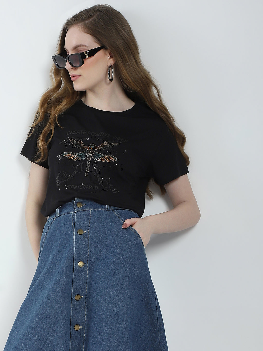 Women Black Printed Round Neck Half Sleeve Top