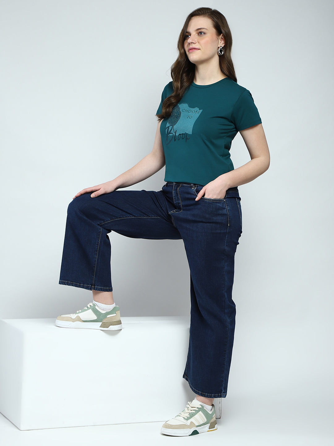 Women Green Printed Round Neck Half Sleeve Top