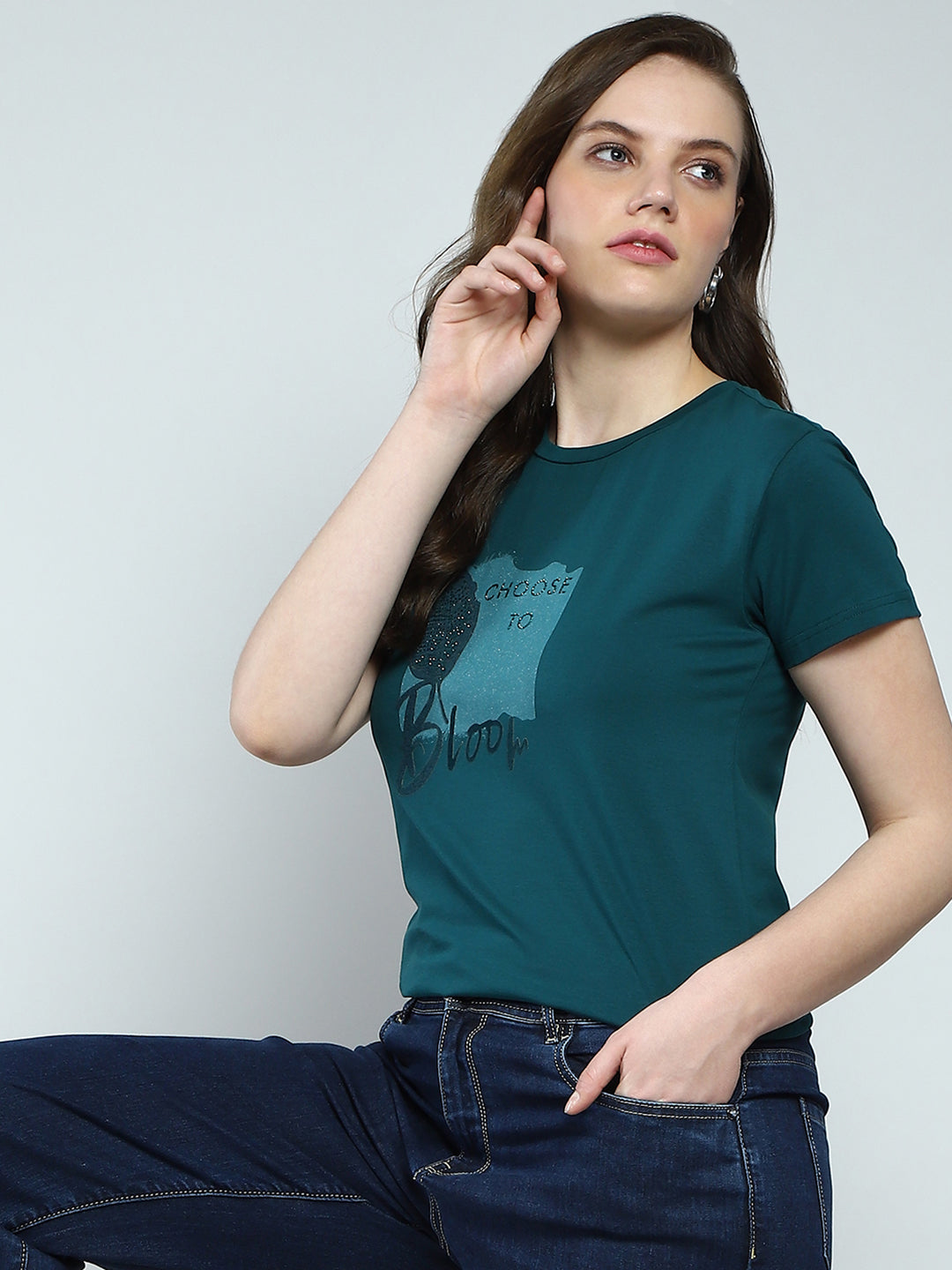 Women Green Printed Round Neck Half Sleeve Top