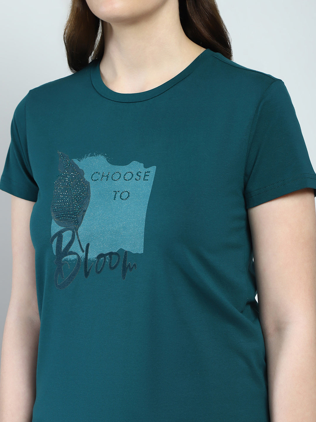 Women Green Printed Round Neck Half Sleeve Top