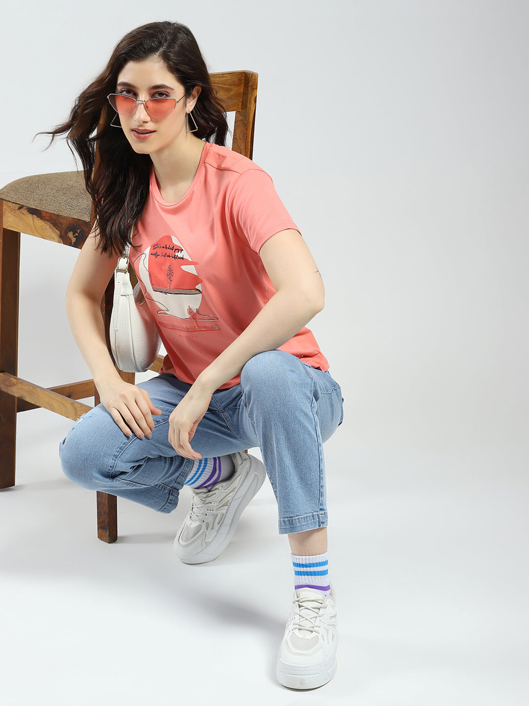 Women Coral Printed Round Neck Half Sleeve Top