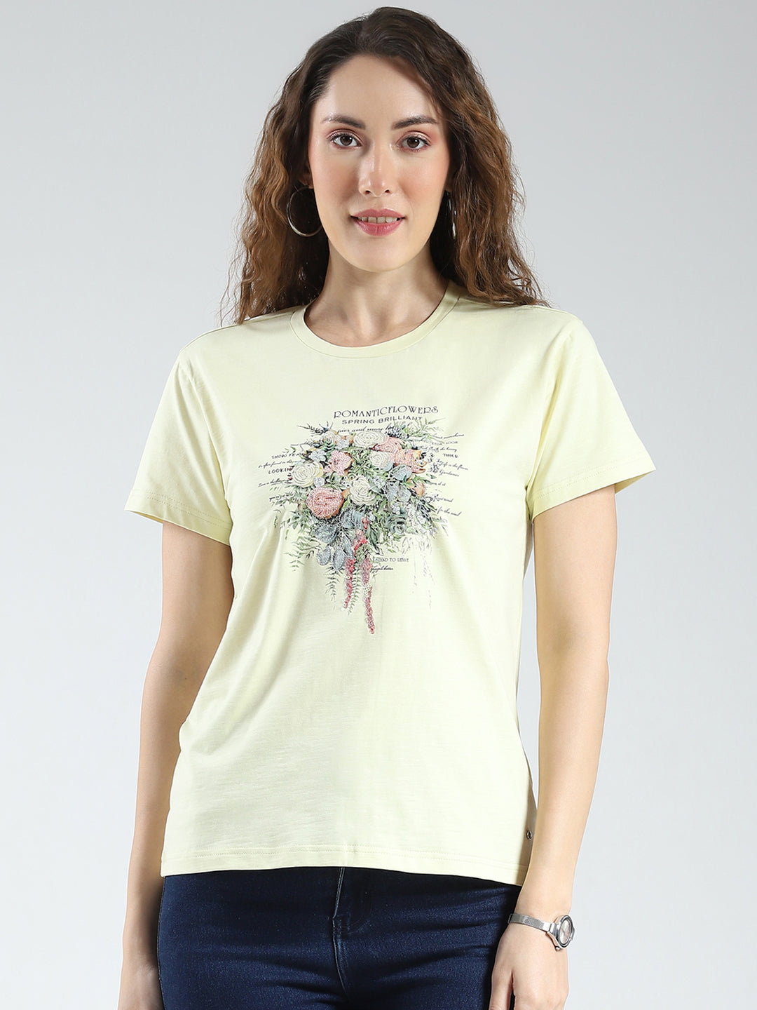 Women Yellow Printed Round Neck Half Sleeve Top