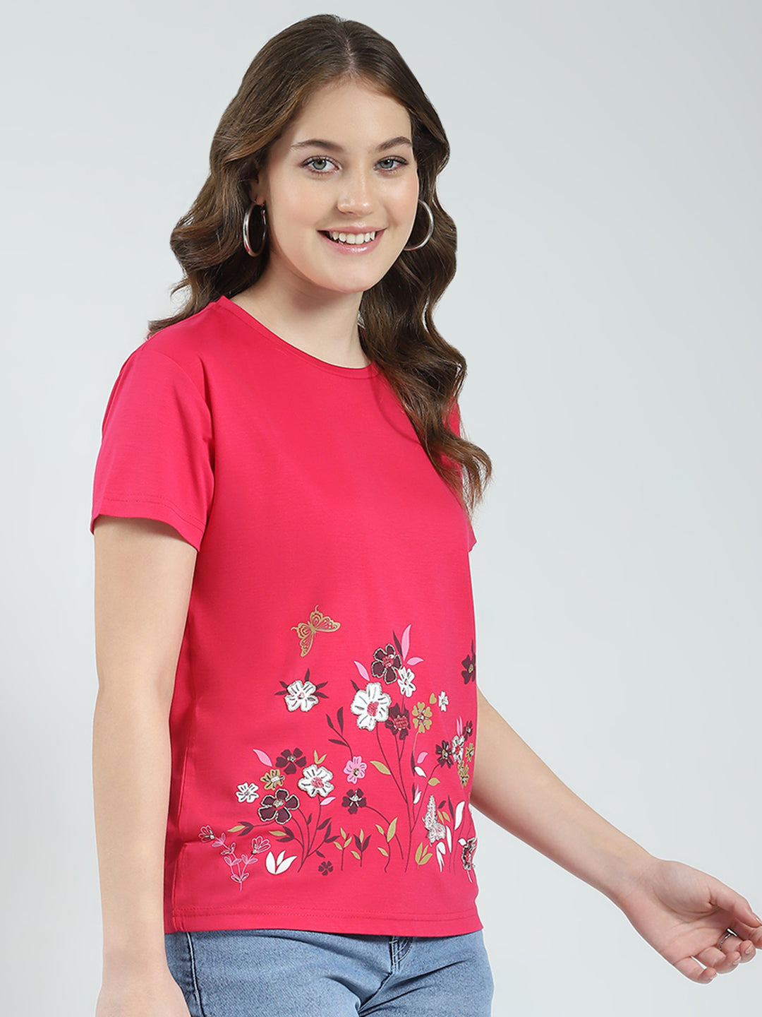 Women Magenta Embroidered Round Neck Half Sleeve Top
