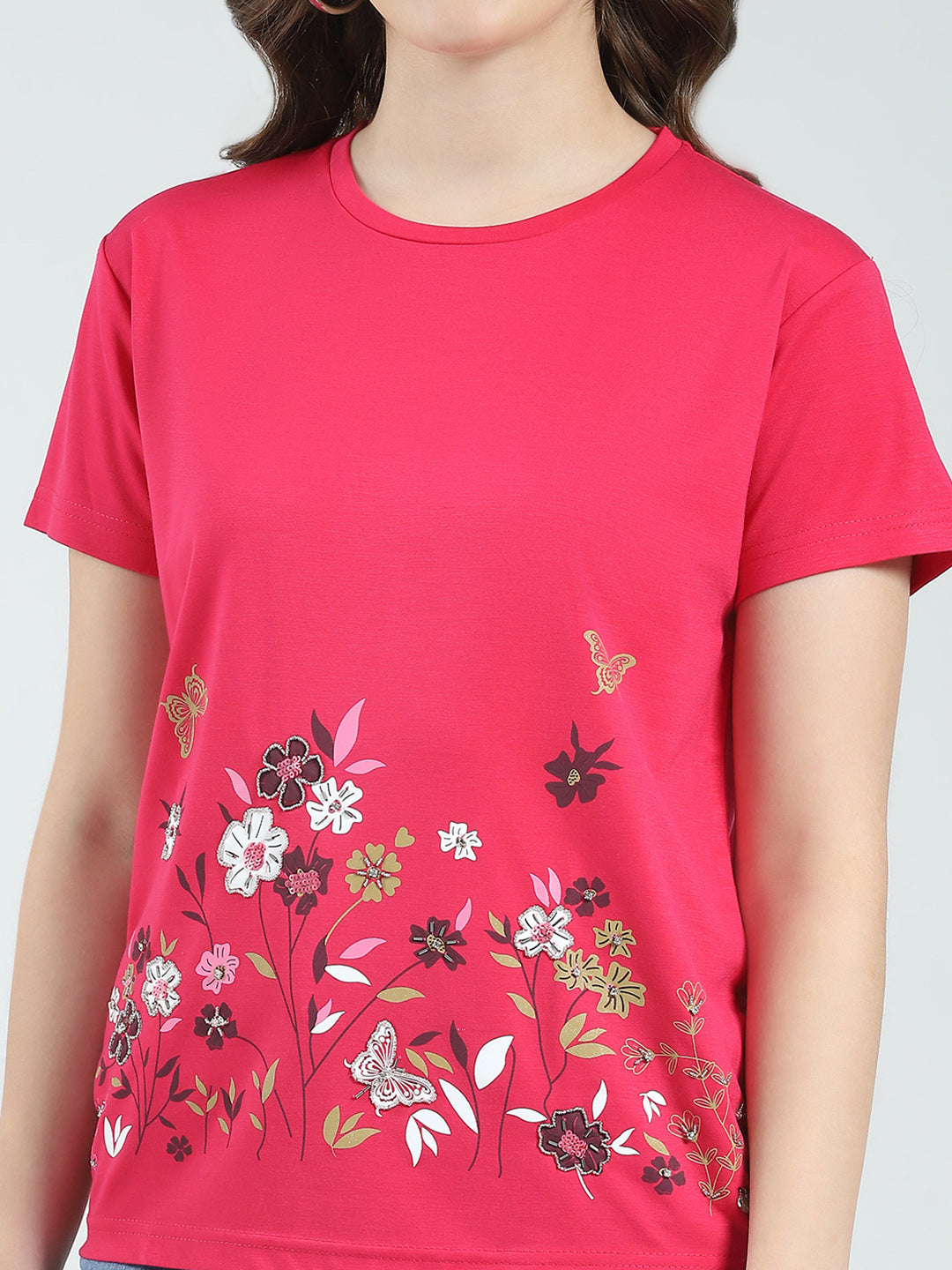 Women Magenta Embroidered Round Neck Half Sleeve Top