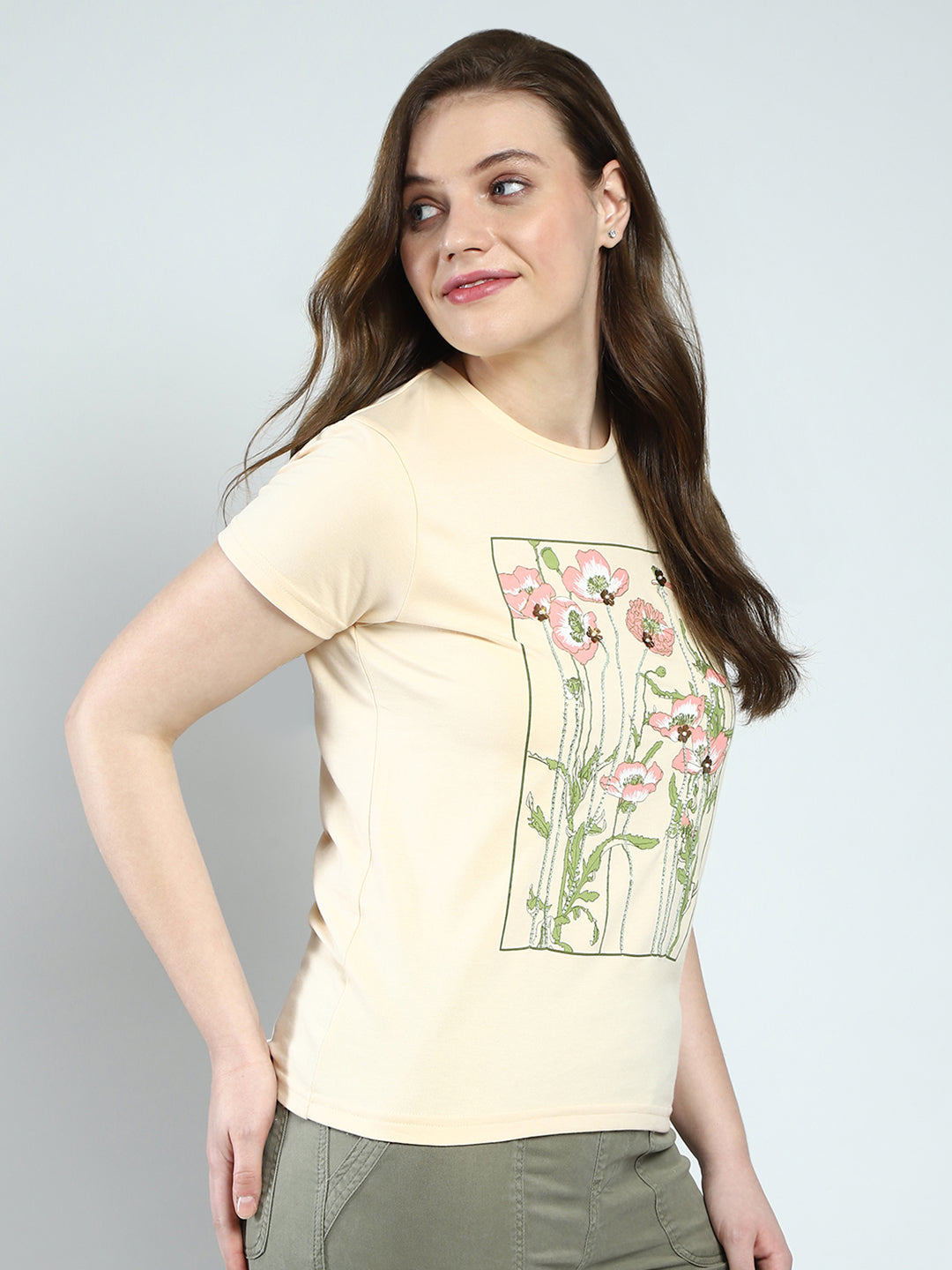 Women Beige Printed Round Neck Half Sleeve Top