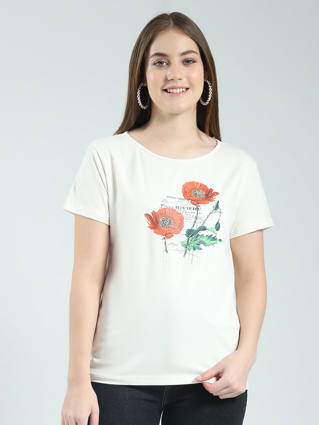 Women Off White Printed Round Neck Half Sleeve Top
