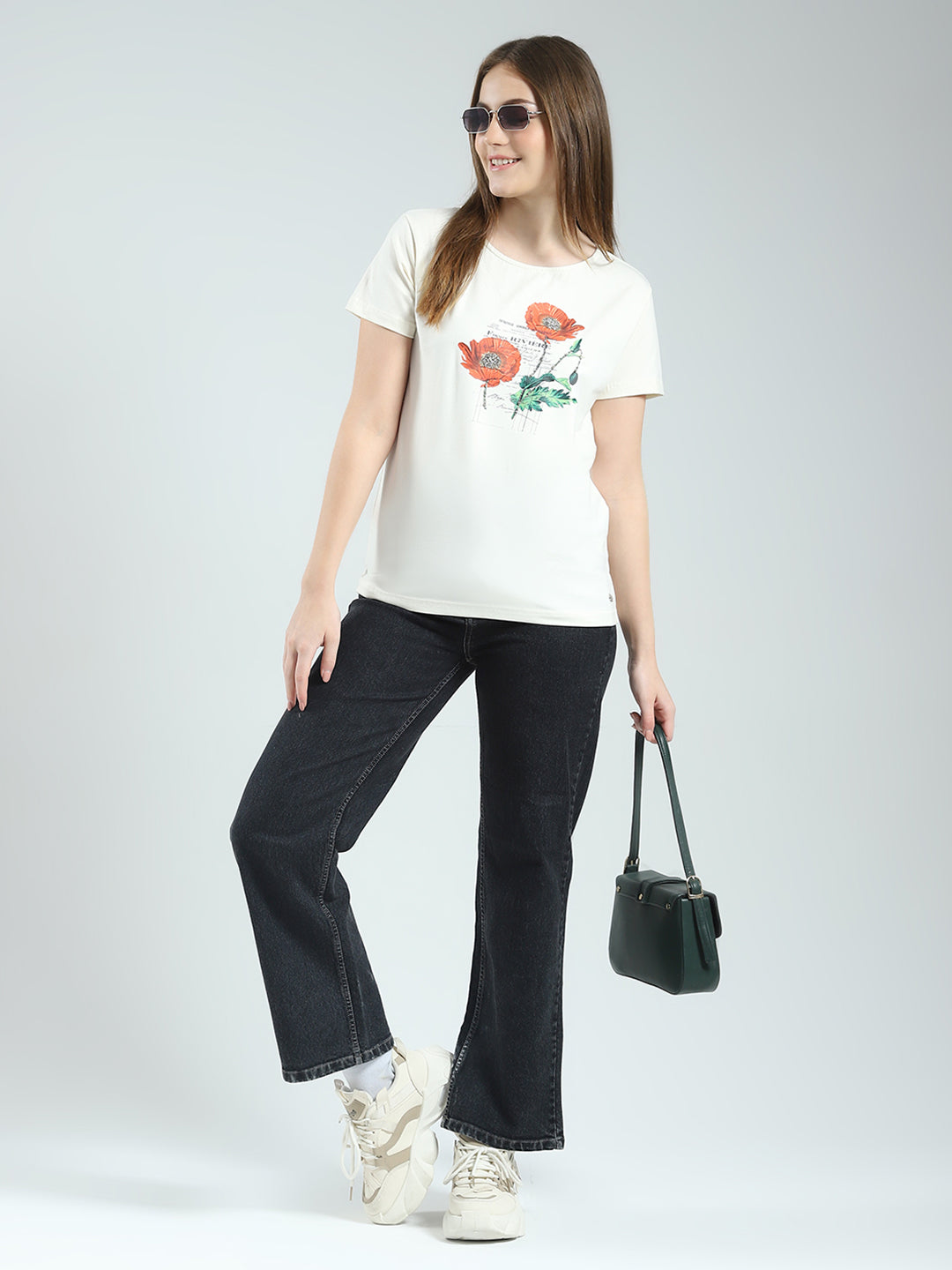 Women Off White Printed Round Neck Half Sleeve Top