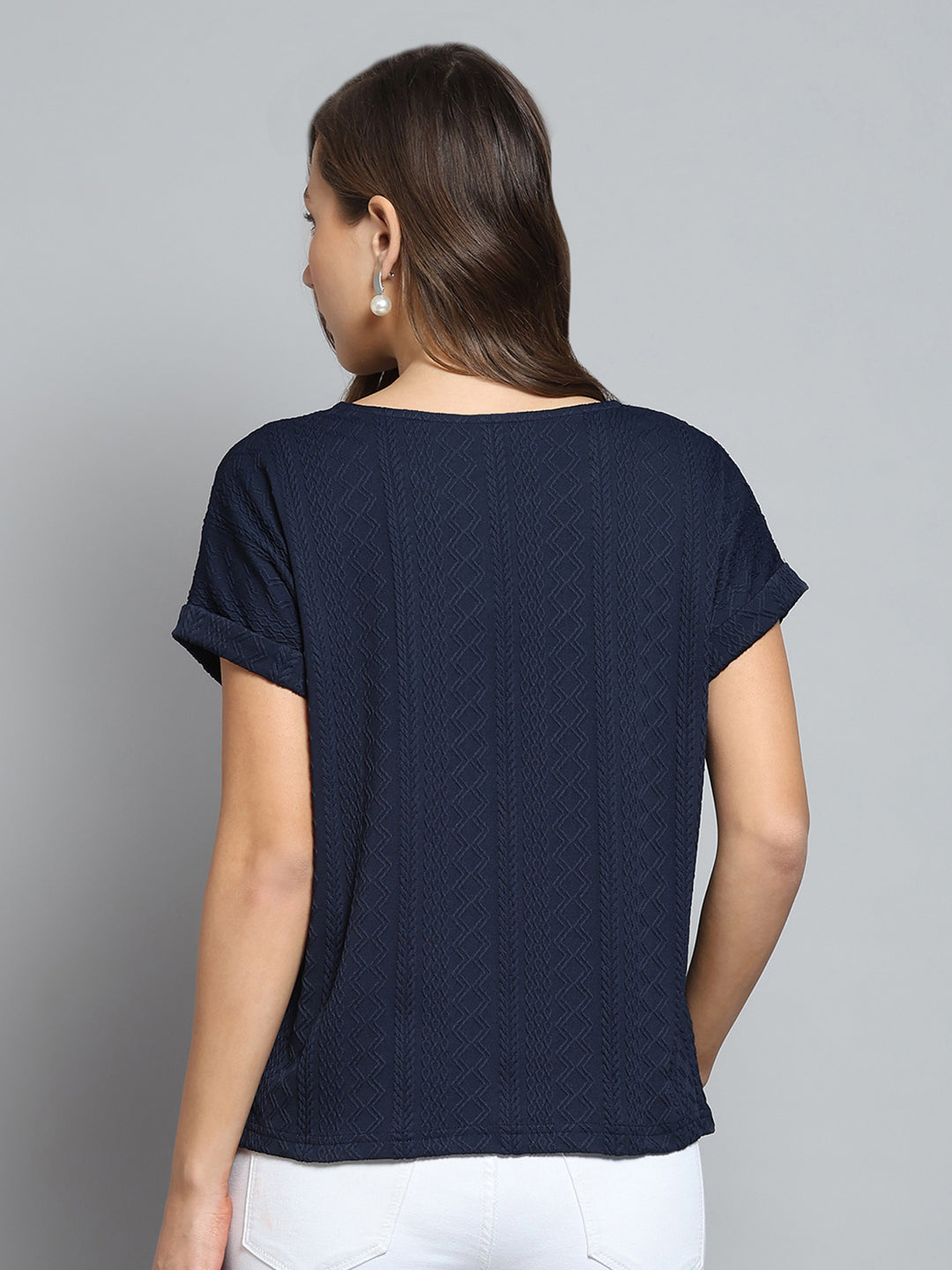 Women Navy Blue Printed Round Neck Half Sleeve Top