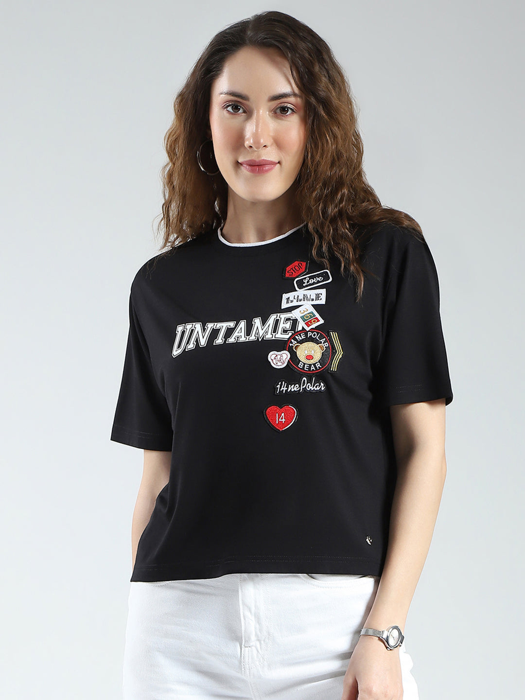 Women Black Printed Round Neck Half Sleeve Top