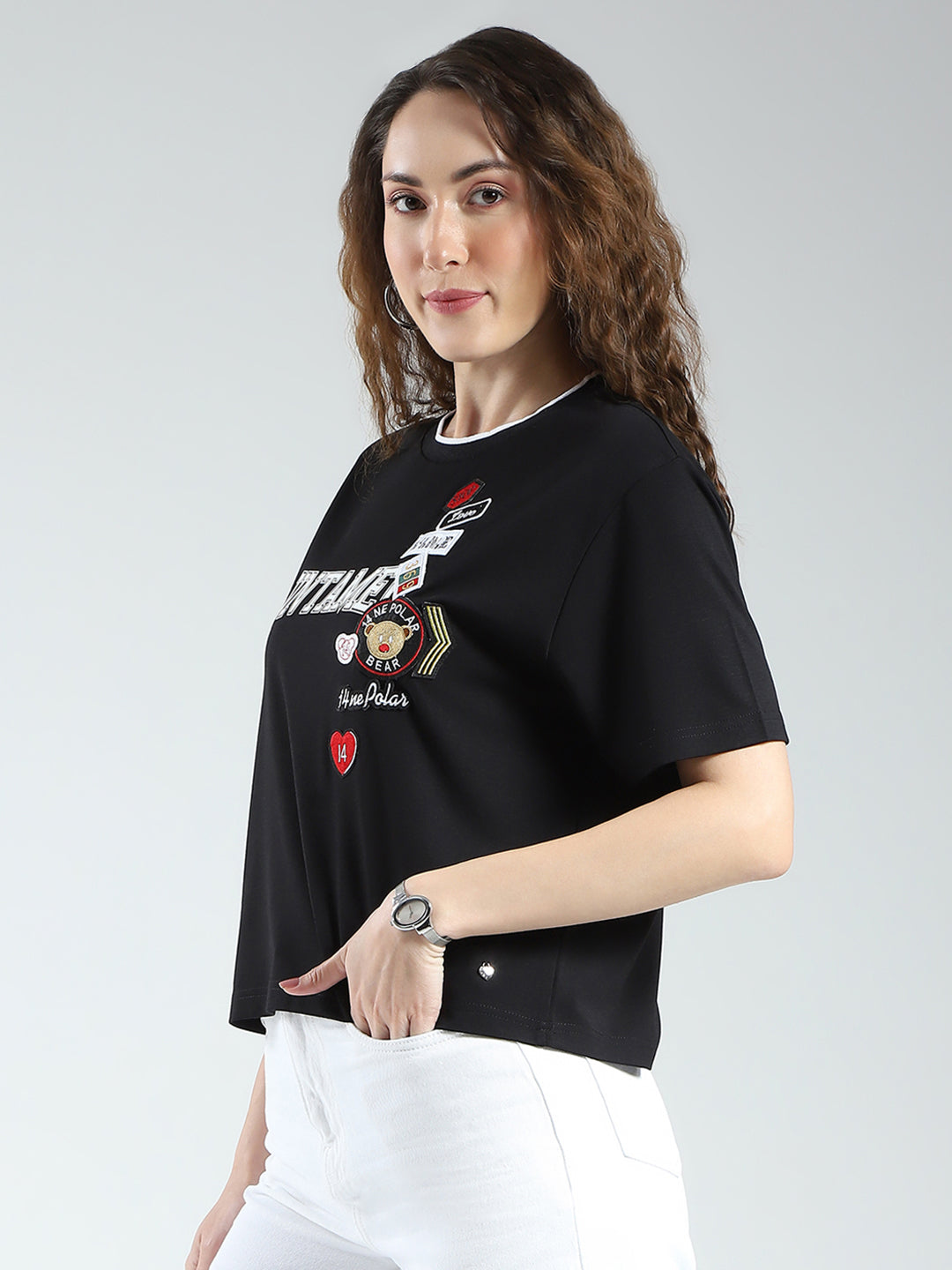 Women Black Printed Round Neck Half Sleeve Top