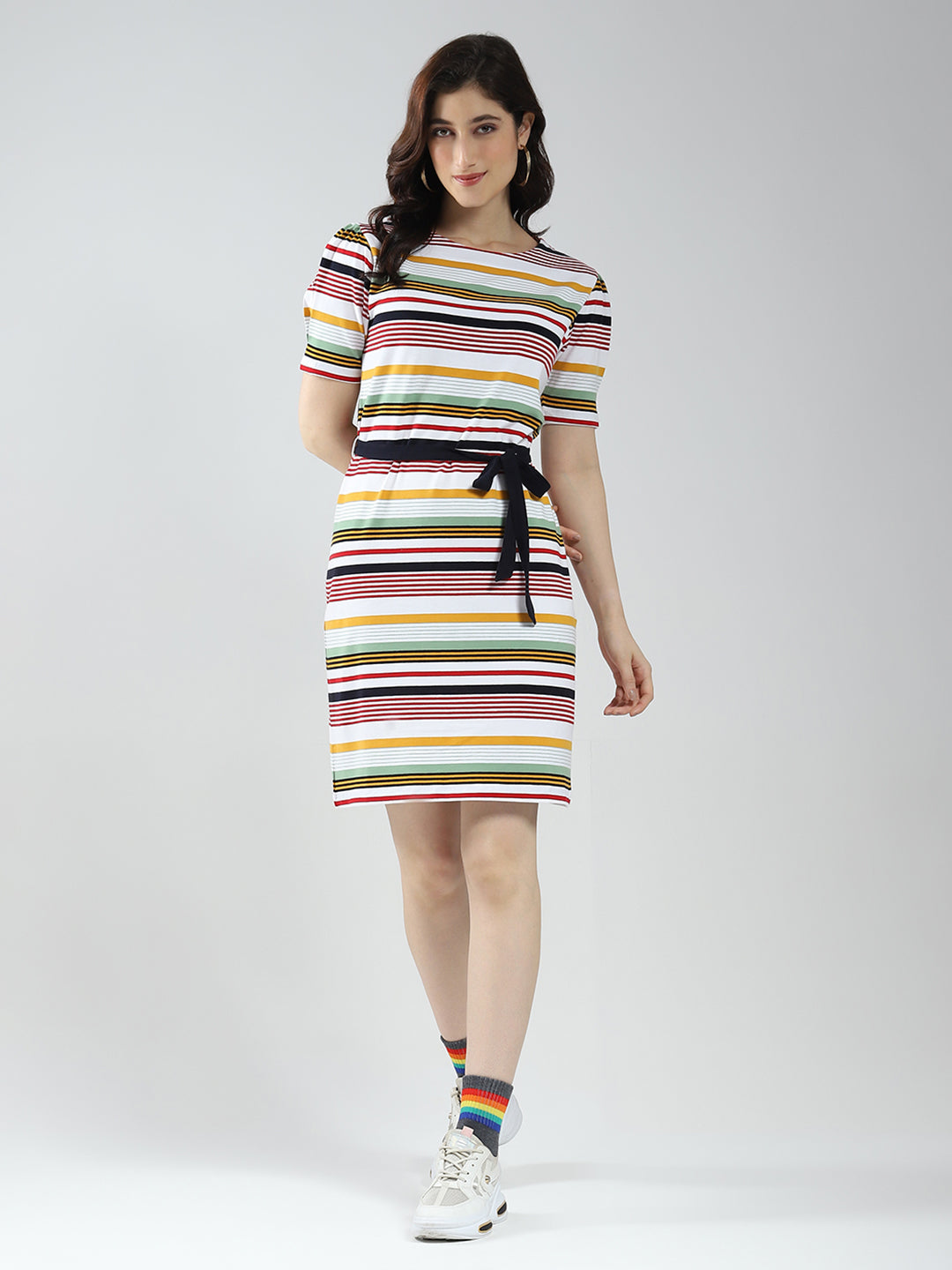 Women Multicolor Stripe Round Neck Half Sleeve Dress